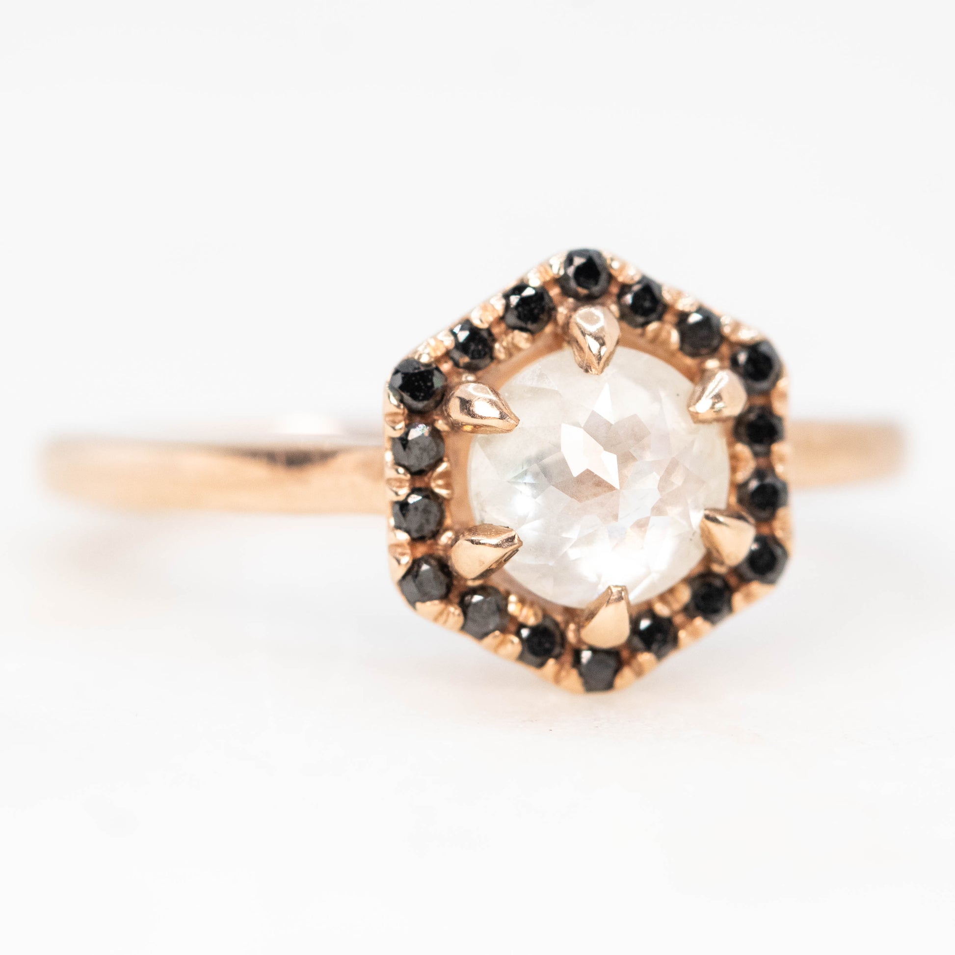 Sia Ring with a 0.90 Carat Misty White Round Rose Cut Diamond and Black Accent Diamonds in 10k Rose Gold - Ready to Size and Ship - Midwinter Co. Alternative Bridal Rings and Modern Fine Jewelry
