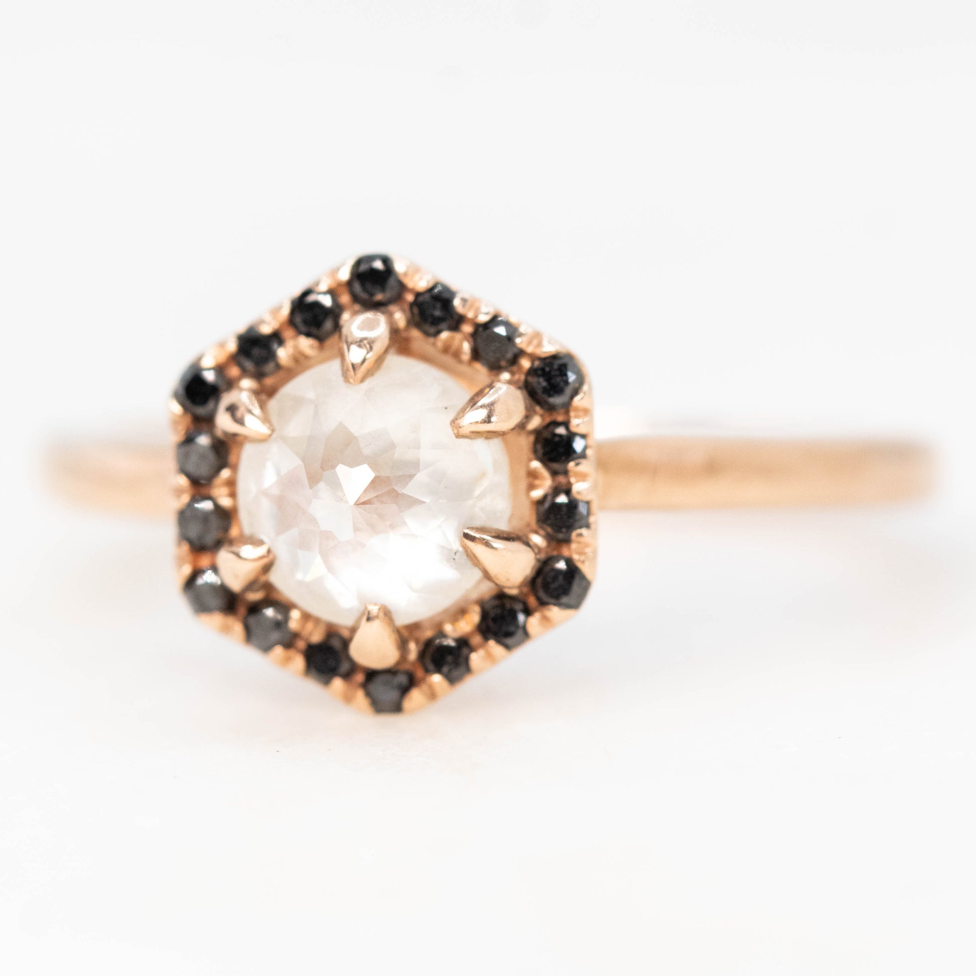 Sia Ring with a 0.90 Carat Misty White Round Rose Cut Diamond and Black Accent Diamonds in 10k Rose Gold - Ready to Size and Ship - Midwinter Co. Alternative Bridal Rings and Modern Fine Jewelry