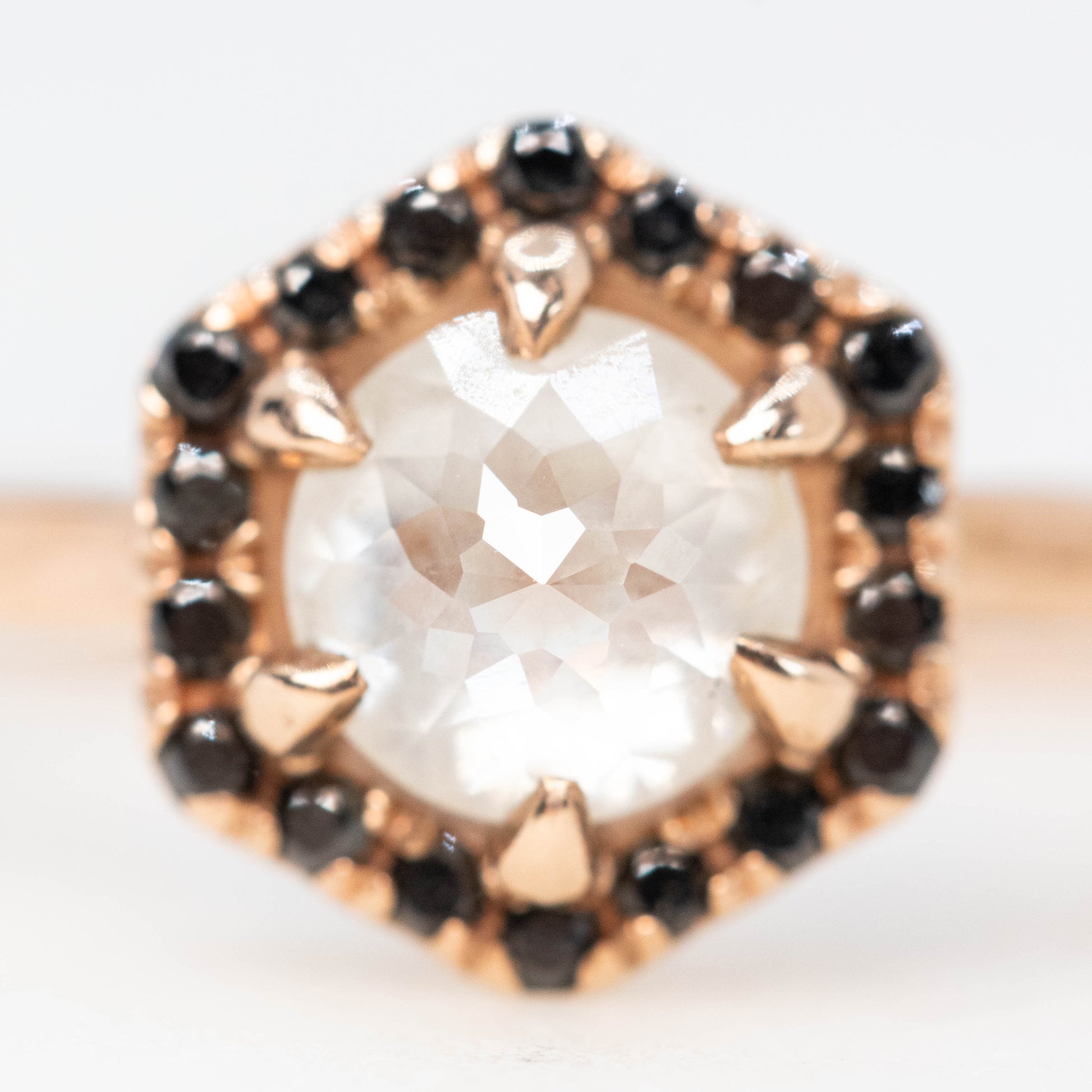 Sia Ring with a 0.90 Carat Misty White Round Rose Cut Diamond and Black Accent Diamonds in 10k Rose Gold - Ready to Size and Ship - Midwinter Co. Alternative Bridal Rings and Modern Fine Jewelry