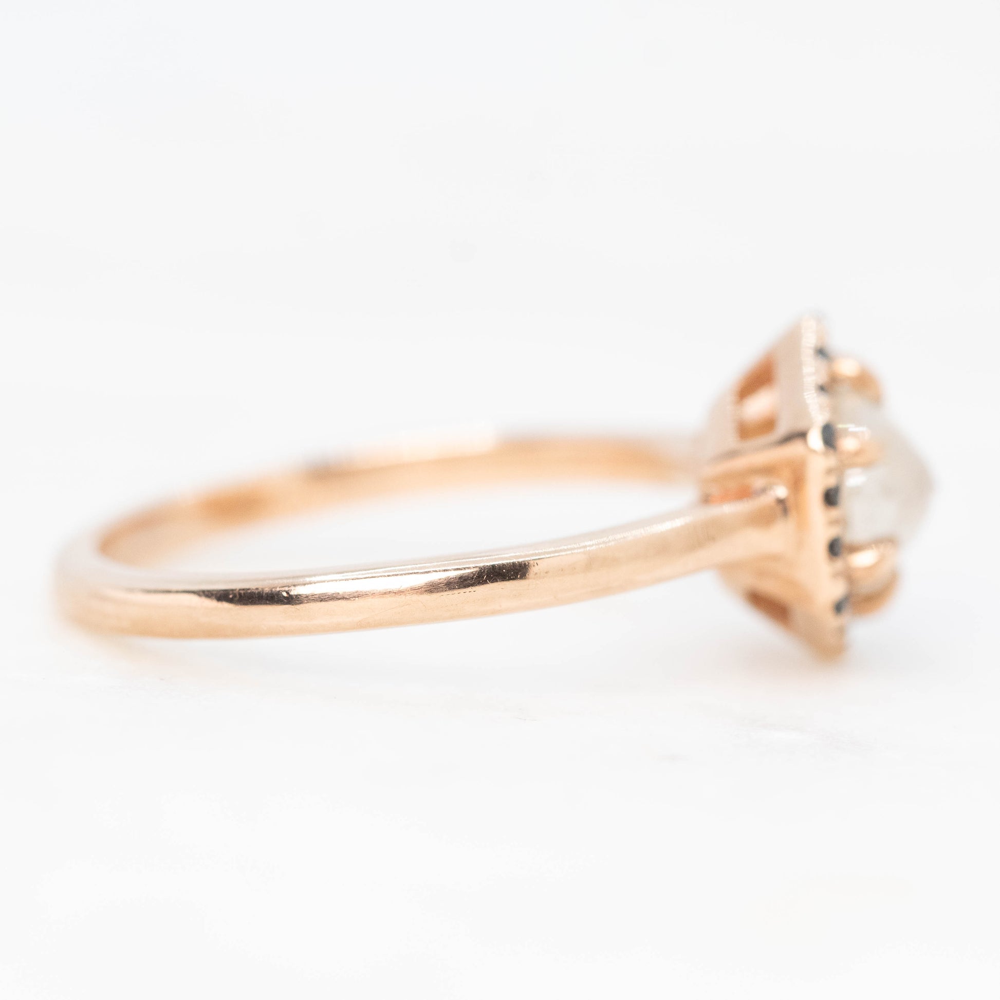 Sia Ring with a 0.90 Carat Misty White Round Rose Cut Diamond and Black Accent Diamonds in 10k Rose Gold - Ready to Size and Ship - Midwinter Co. Alternative Bridal Rings and Modern Fine Jewelry