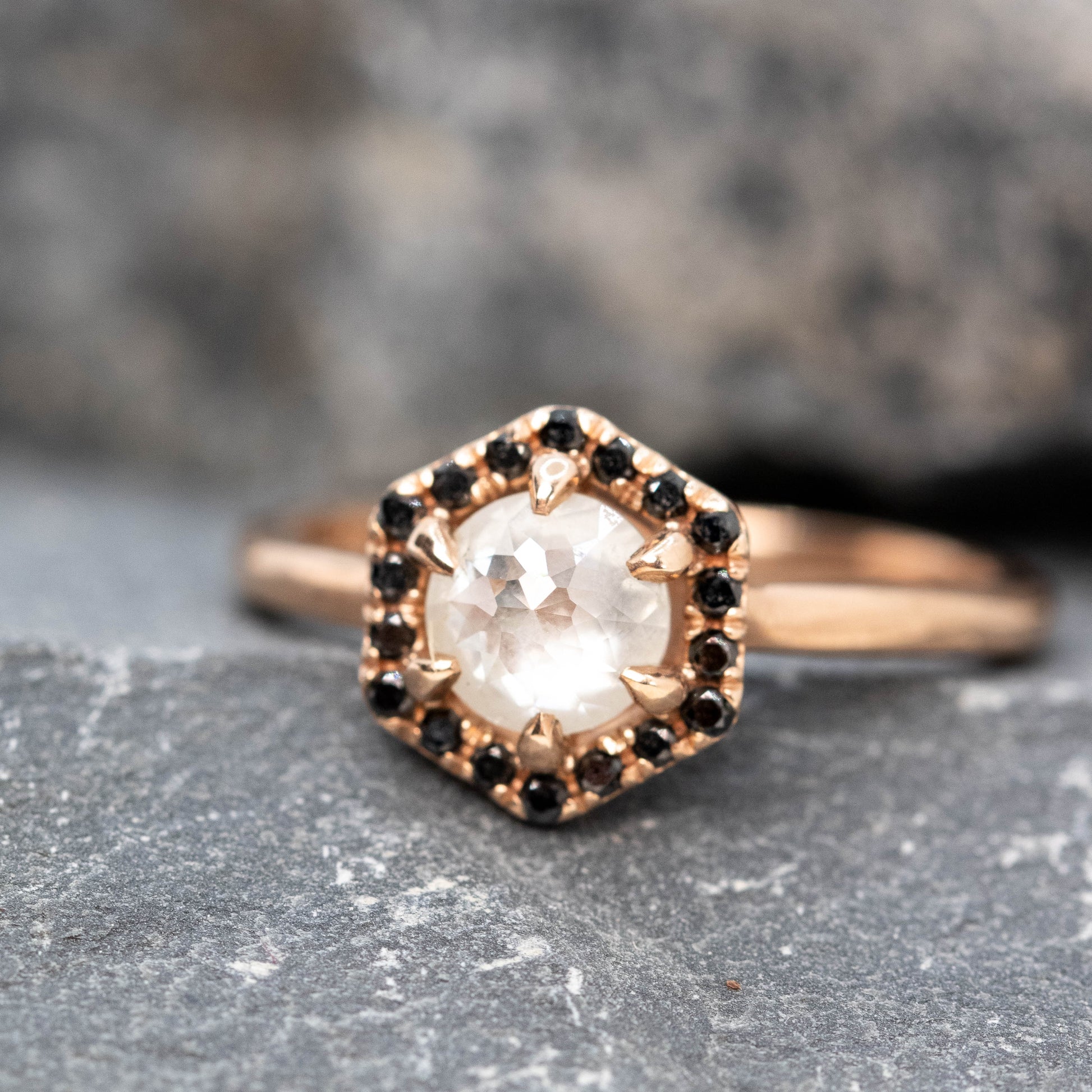 Sia Ring with a 0.90 Carat Misty White Round Rose Cut Diamond and Black Accent Diamonds in 10k Rose Gold - Ready to Size and Ship - Midwinter Co. Alternative Bridal Rings and Modern Fine Jewelry
