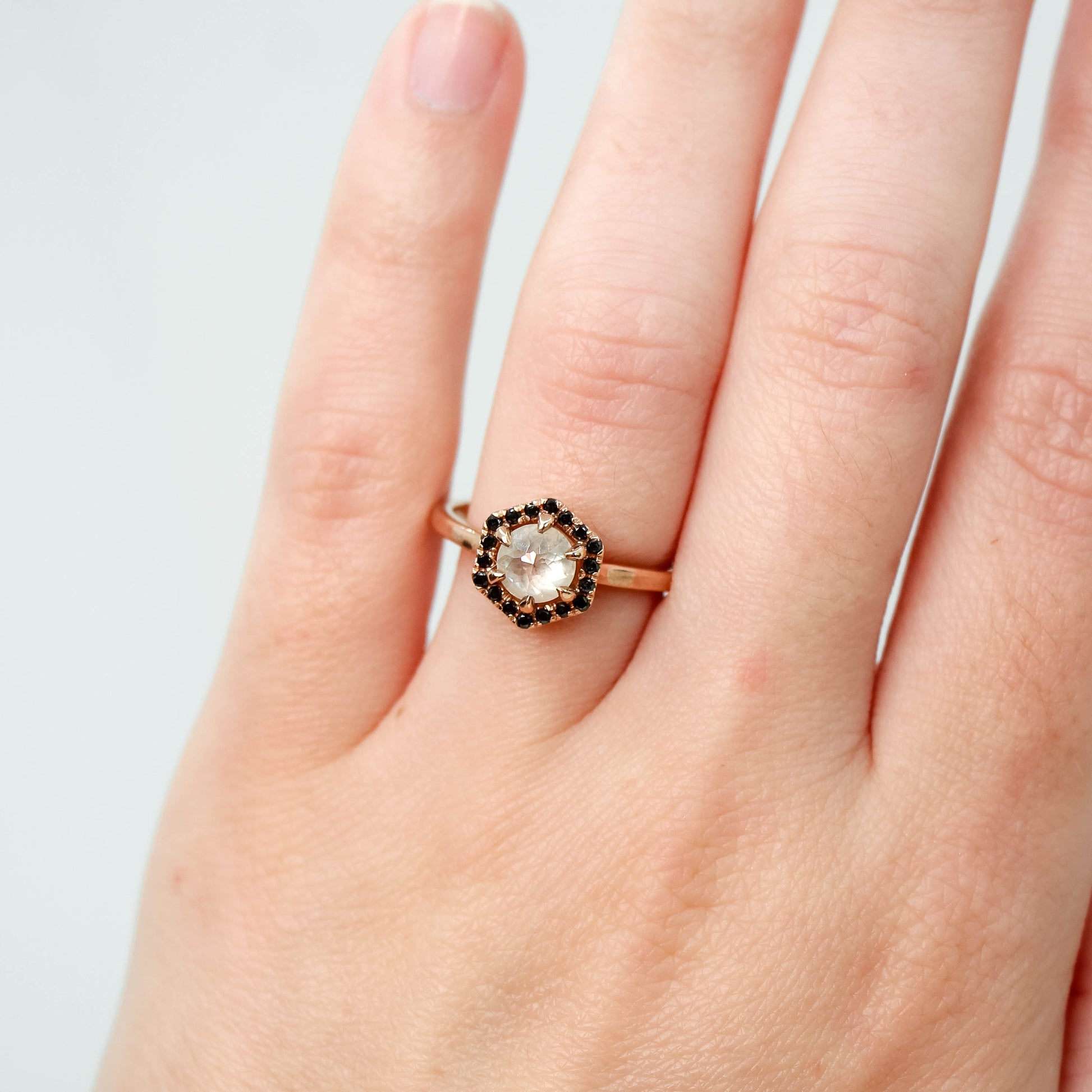 Sia Ring with a 0.90 Carat Misty White Round Rose Cut Diamond and Black Accent Diamonds in 10k Rose Gold - Ready to Size and Ship - Midwinter Co. Alternative Bridal Rings and Modern Fine Jewelry