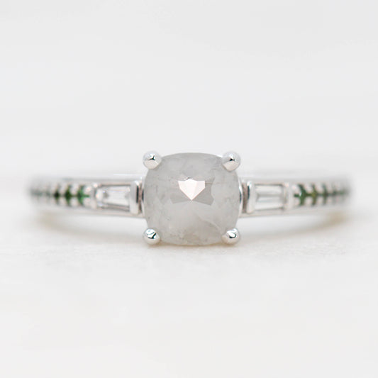 Beckett Ring with a 0.80 Carat Misty Gray Cushion Cut Diamond and Green Accent Diamonds in 14k White Gold - Ready to Size and Ship - Midwinter Co. Alternative Bridal Rings and Modern Fine Jewelry