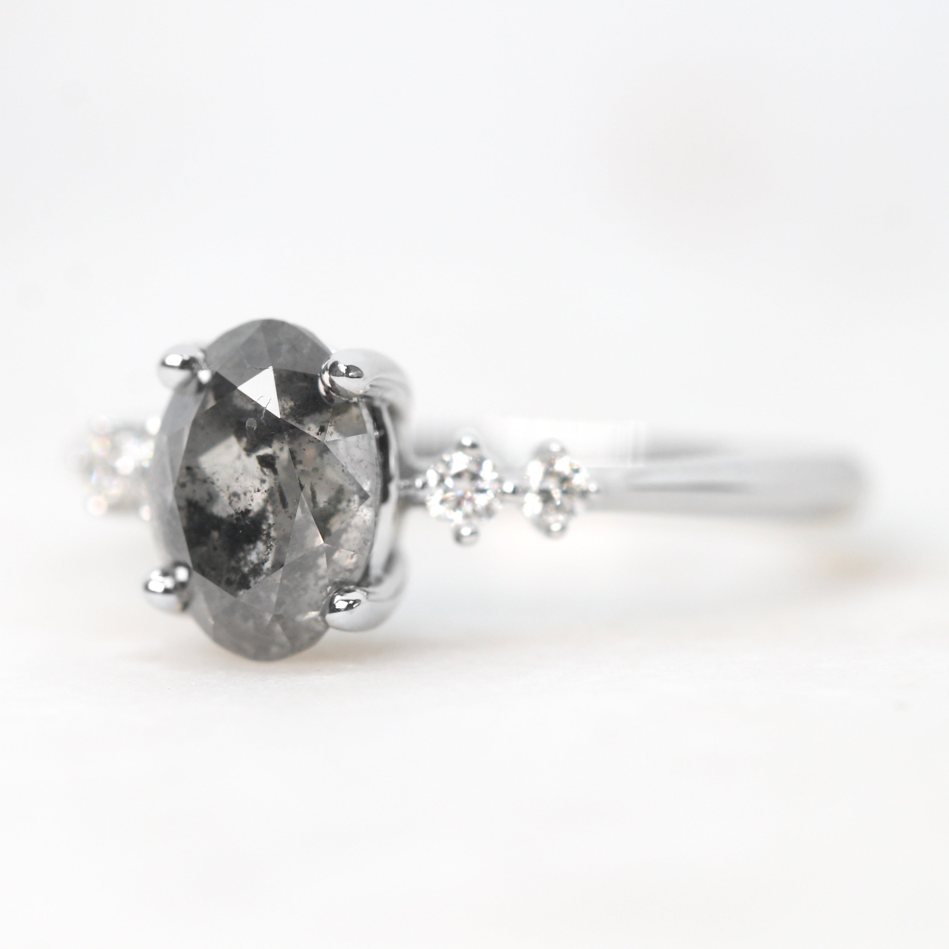 Cordelia Ring with a 1.86 Carat Dark Gray Oval Celestial Diamond and White Accent Diamonds in 14k White Gold - Ready to Size and Ship - Midwinter Co. Alternative Bridal Rings and Modern Fine Jewelry