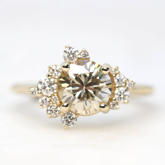 Orion Ring with a 1.25 Carat Round Golden Champagne Moissanite and White Accent Diamonds in 14k Yellow Gold - Ready to Size and Ship