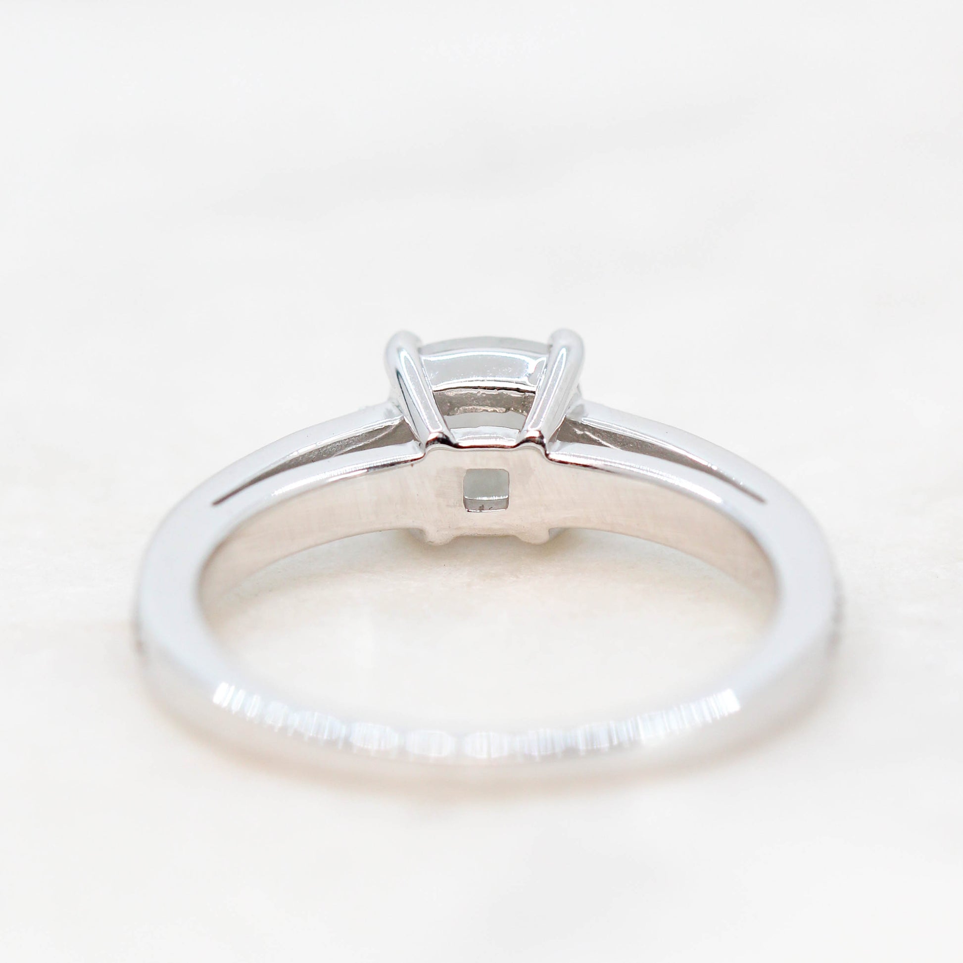 Beckett Ring with a 0.80 Carat Misty Gray Cushion Cut Diamond and Green Accent Diamonds in 14k White Gold - Ready to Size and Ship - Midwinter Co. Alternative Bridal Rings and Modern Fine Jewelry