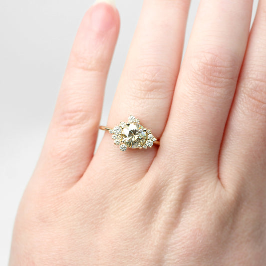 Orion Ring with a 1.25 Carat Round Golden Champagne Moissanite and White Accent Diamonds in 14k Yellow Gold - Ready to Size and Ship - Midwinter Co. Alternative Bridal Rings and Modern Fine Jewelry