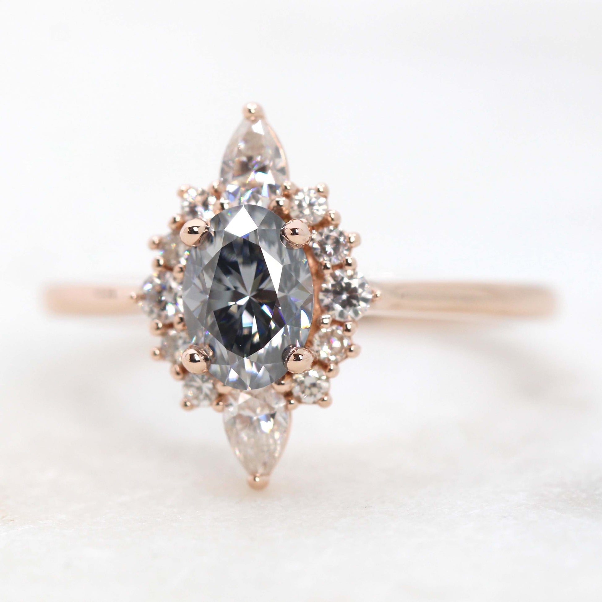 Noelle Ring with a 0.80 Carat Gray Oval Moissanite and Moissanite Accents - Made to Order, Choose Your Gold Tone - Midwinter Co. Alternative Bridal Rings and Modern Fine Jewelry