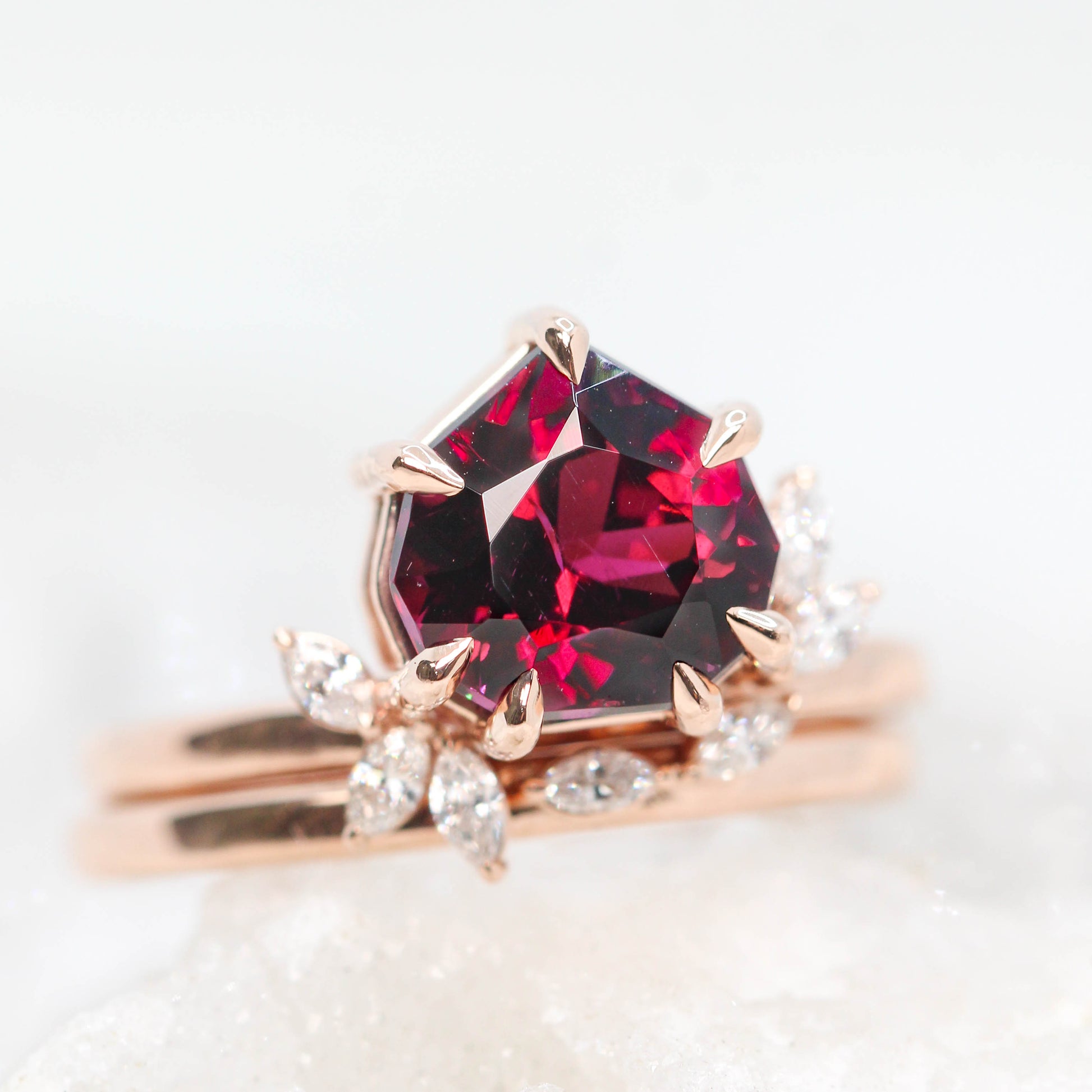 Chantell Ring with a 4.04 Carat Geometric Rhodolite Garnet and White Accent Diamonds in 14k Rose Gold with Matching Band - Ready to Size and Ship - Midwinter Co. Alternative Bridal Rings and Modern Fine Jewelry