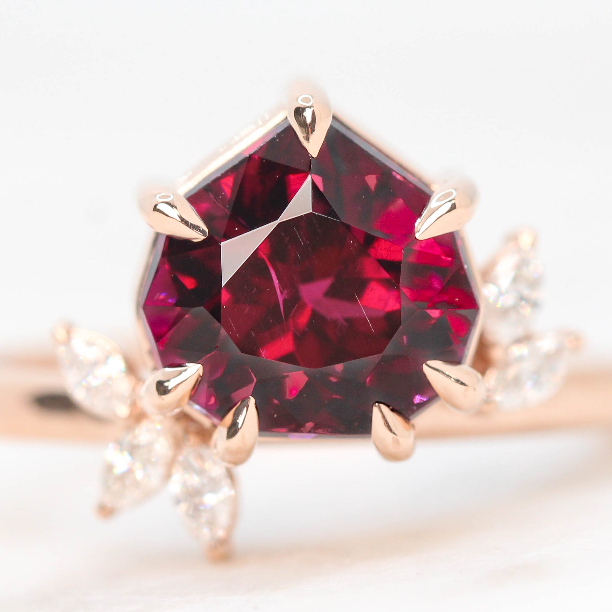 Chantell Ring with a 4.04 Carat Geometric Rhodolite Garnet and White Accent Diamonds in 14k Rose Gold with Matching Band - Ready to Size and Ship - Midwinter Co. Alternative Bridal Rings and Modern Fine Jewelry
