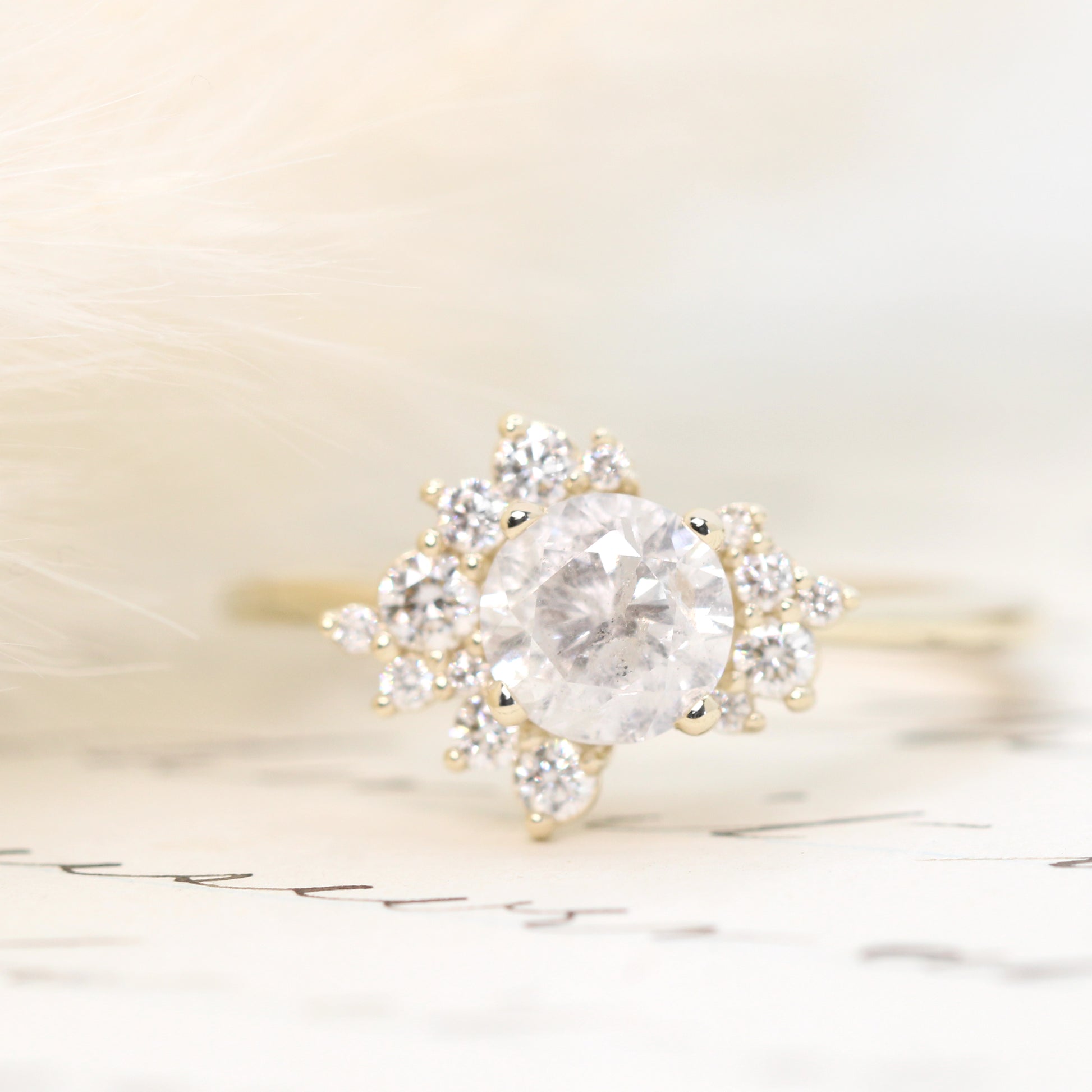 Orion Ring with a 1.00 Carat Round White Celestial Diamond and White Accent Diamonds in 14k Yellow Gold - Ready to Size and Ship - Midwinter Co. Alternative Bridal Rings and Modern Fine Jewelry