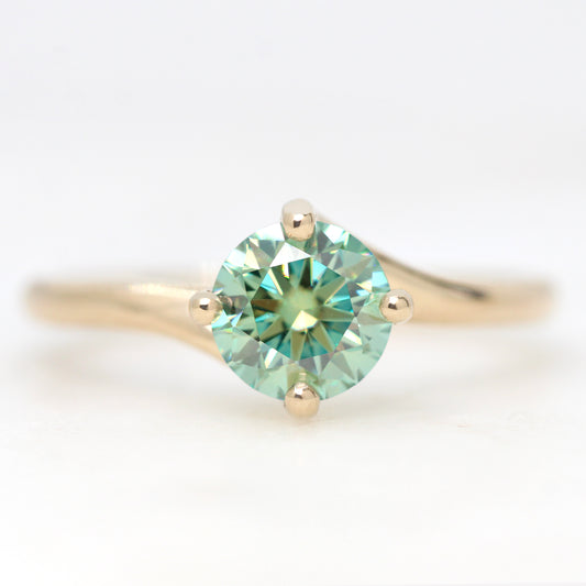 Spira Ring with a 1.00 Round Teal Moissanite Carat in 14k Yellow Gold - Ready to Size and Ship