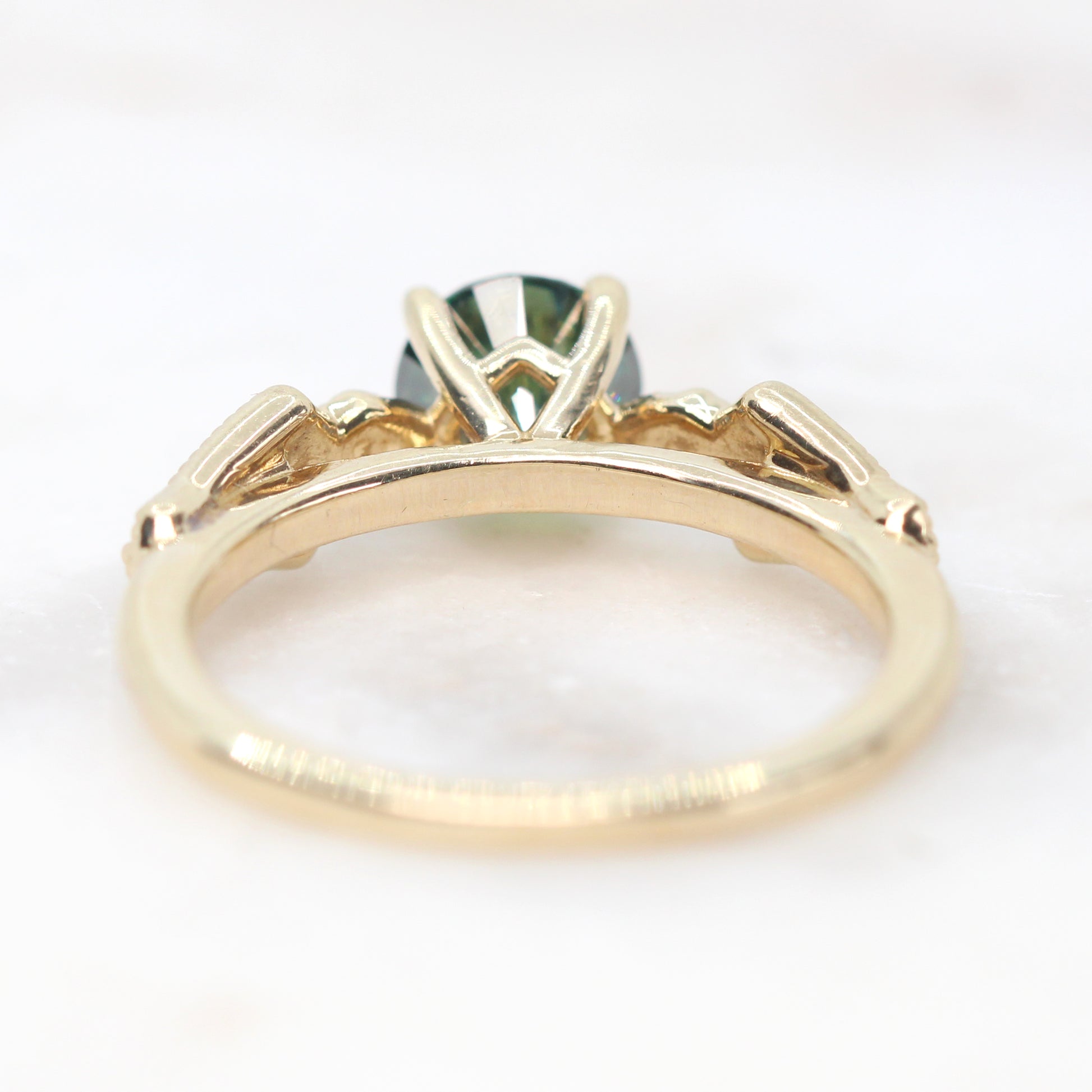 Darian Ring with a 0.80 Carat Round Black and Teal Moissanite and Black Accent Diamonds in 10k Yellow Gold - Ready to Size and Ship - Midwinter Co. Alternative Bridal Rings and Modern Fine Jewelry