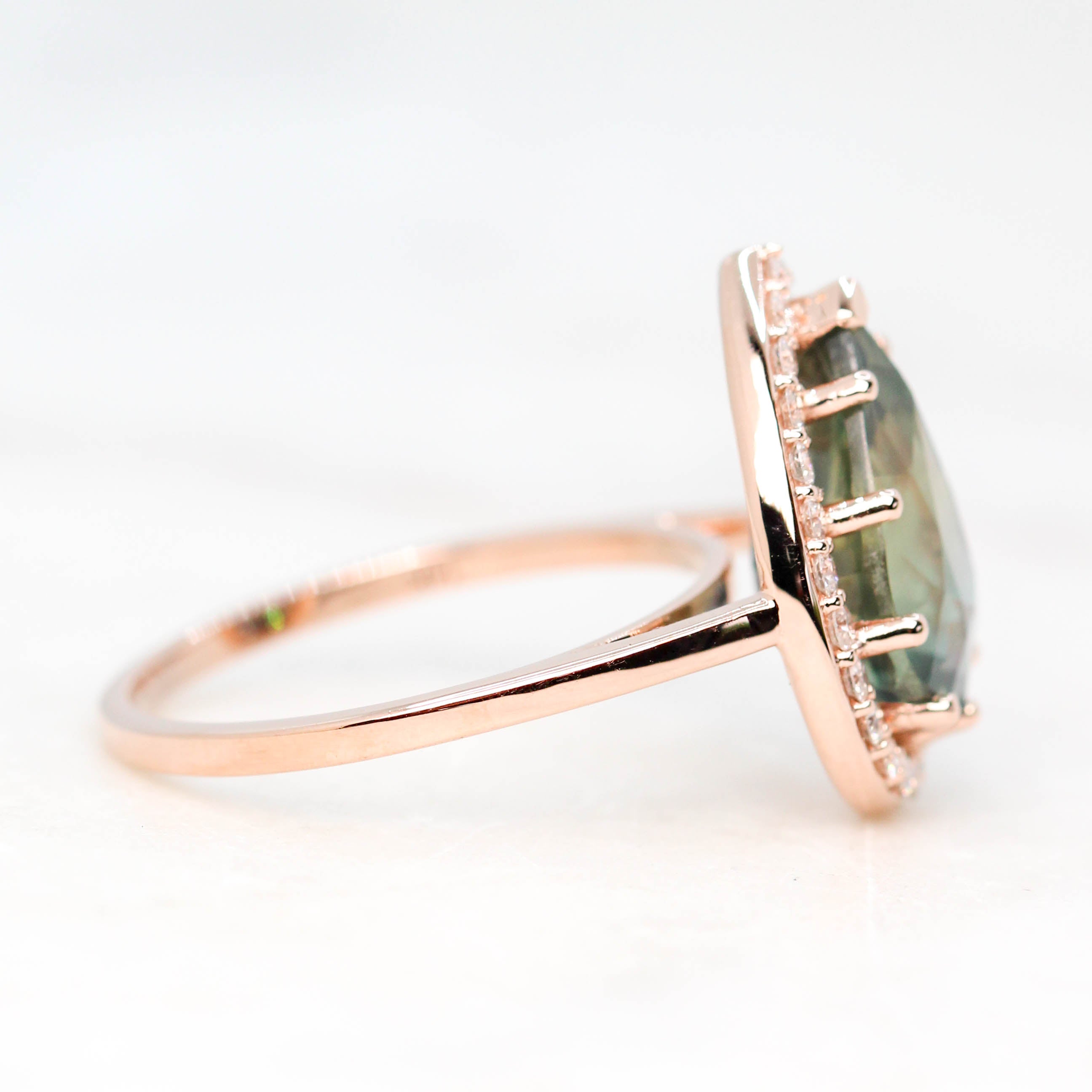 Collins Ring with a 6.21 Carat Teal Pear Sapphire and White Accent Diamonds in 14k Rose Gold - Ready to Size and Ship - Midwinter Co. Alternative Bridal Rings and Modern Fine Jewelry