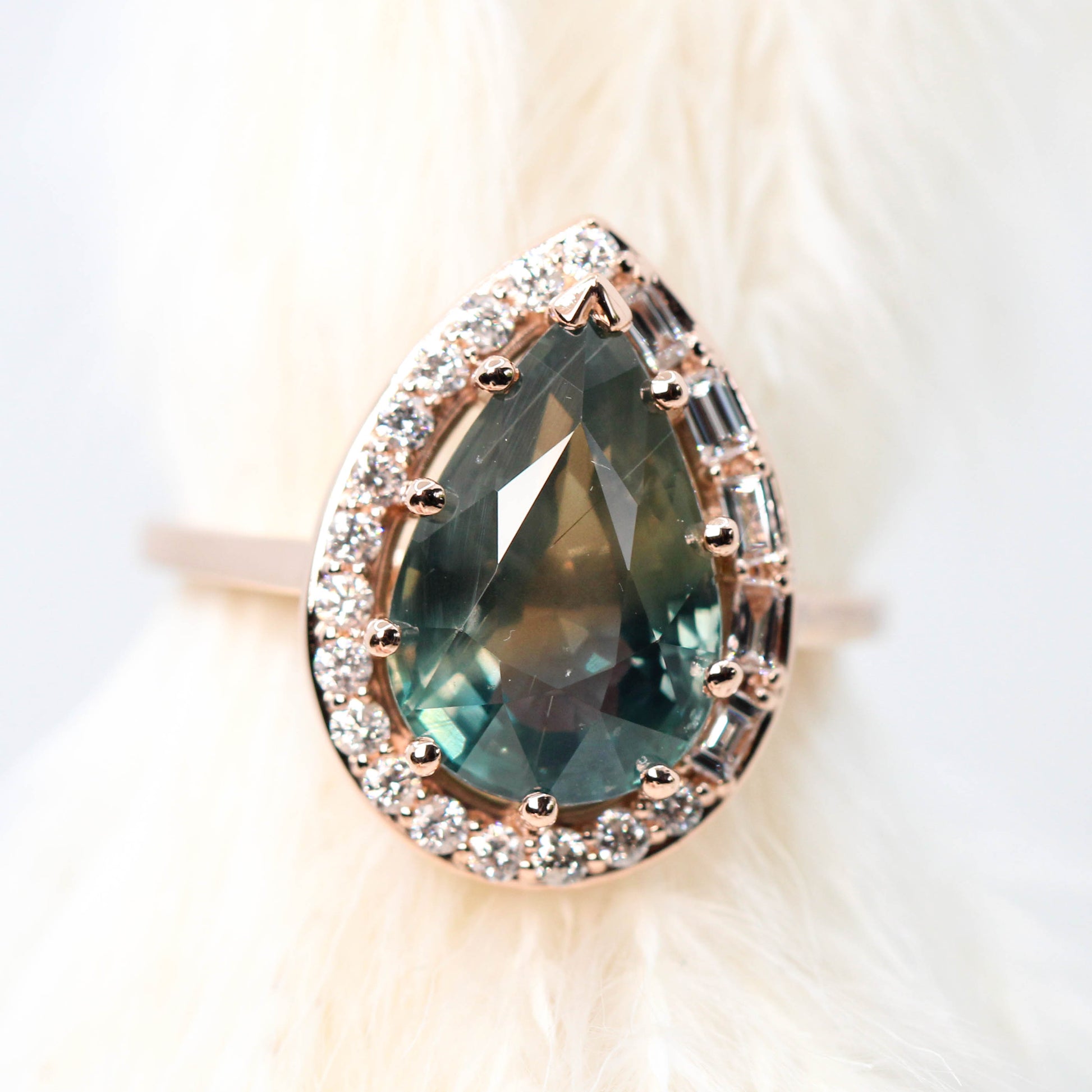 Collins Ring with a 6.21 Carat Teal Pear Sapphire and White Accent Diamonds in 14k Rose Gold - Ready to Size and Ship - Midwinter Co. Alternative Bridal Rings and Modern Fine Jewelry
