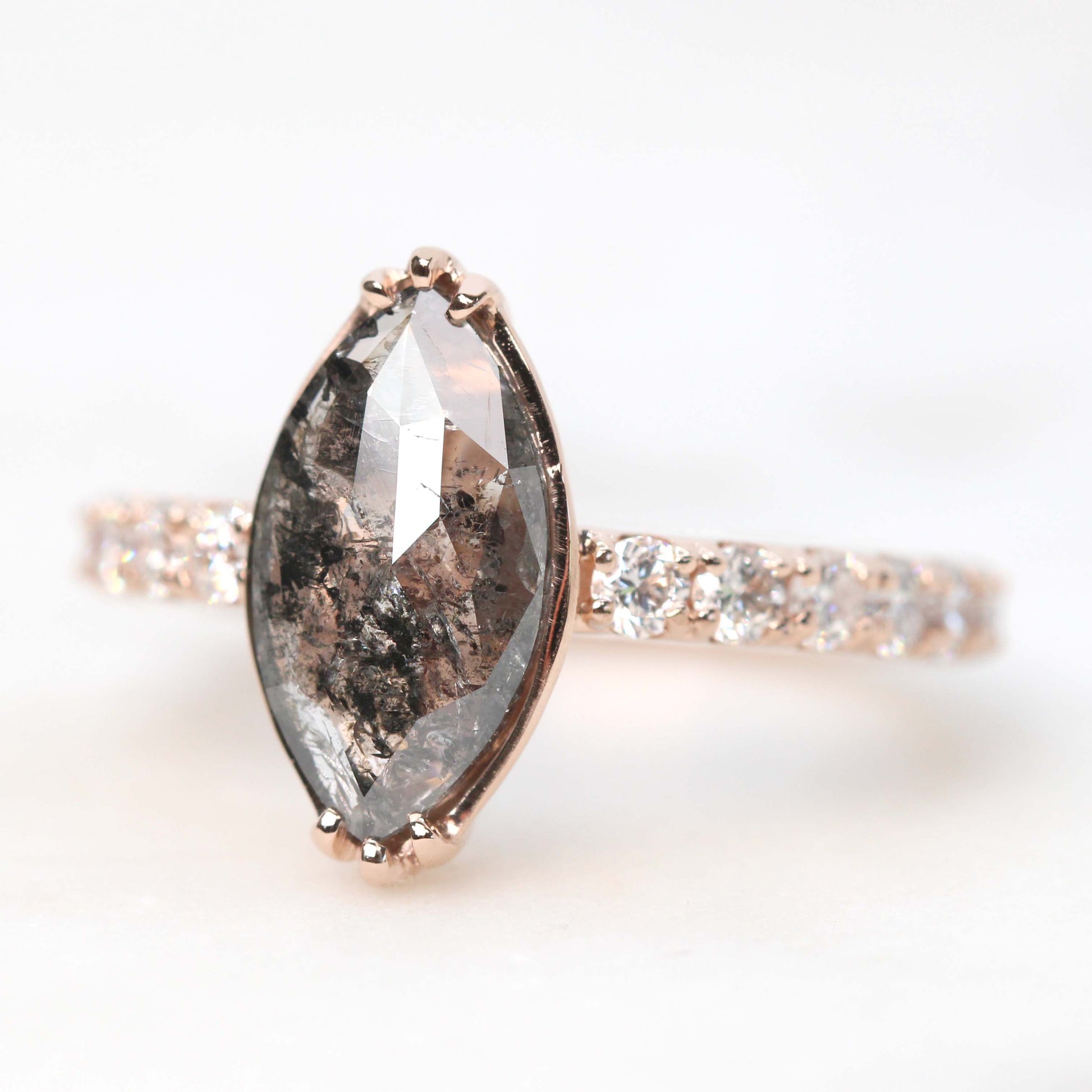 Alice Ring with a 1.92 Carat Dark and Clear Marquise Celestial Diamond and White Accent Diamonds in 14k Rose Gold - Ready to Size and Ship - Midwinter Co. Alternative Bridal Rings and Modern Fine Jewelry
