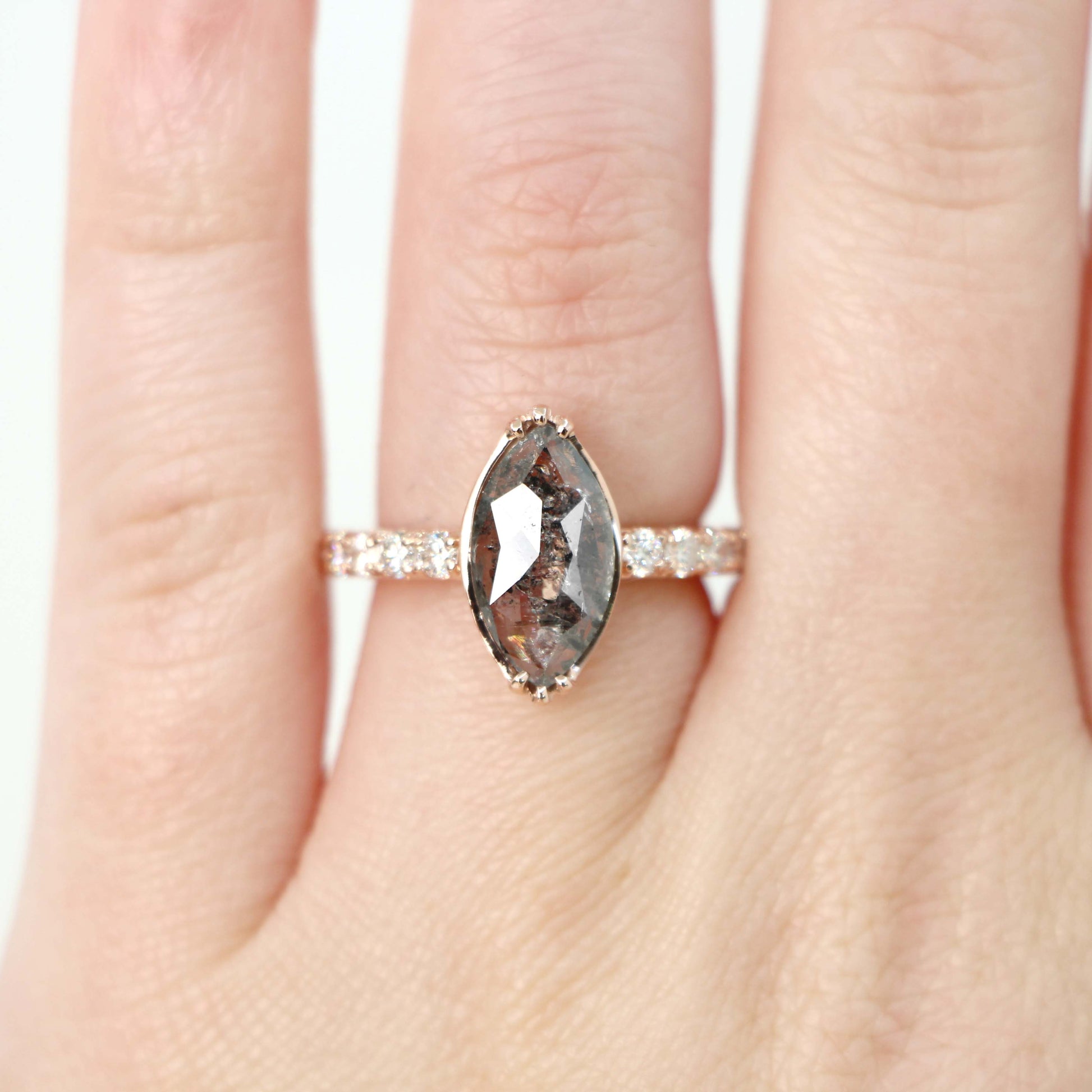 Alice Ring with a 1.92 Carat Dark and Clear Marquise Celestial Diamond and White Accent Diamonds in 14k Rose Gold - Ready to Size and Ship - Midwinter Co. Alternative Bridal Rings and Modern Fine Jewelry