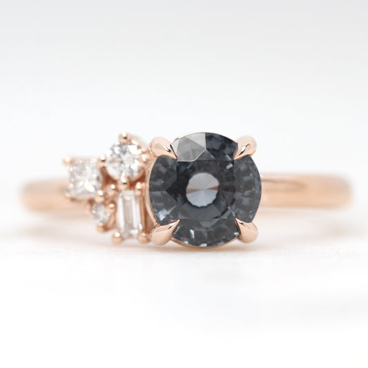 Abigail Ring with a 1.40 Carat Round Blue Gray Spinel and White Accent Diamonds in 14k Rose Gold - Ready to Size and Ship
