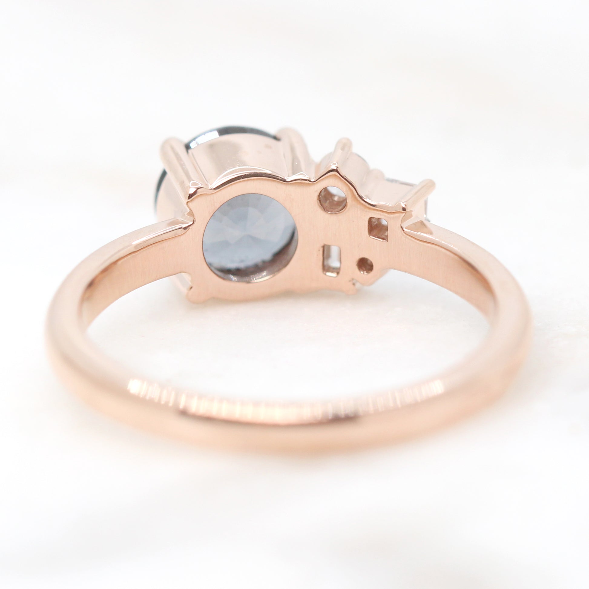 Abigail Ring with a 1.40 Carat Round Blue Gray Spinel and White Accent Diamonds in 14k Rose Gold - Ready to Size and Ship - Midwinter Co. Alternative Bridal Rings and Modern Fine Jewelry