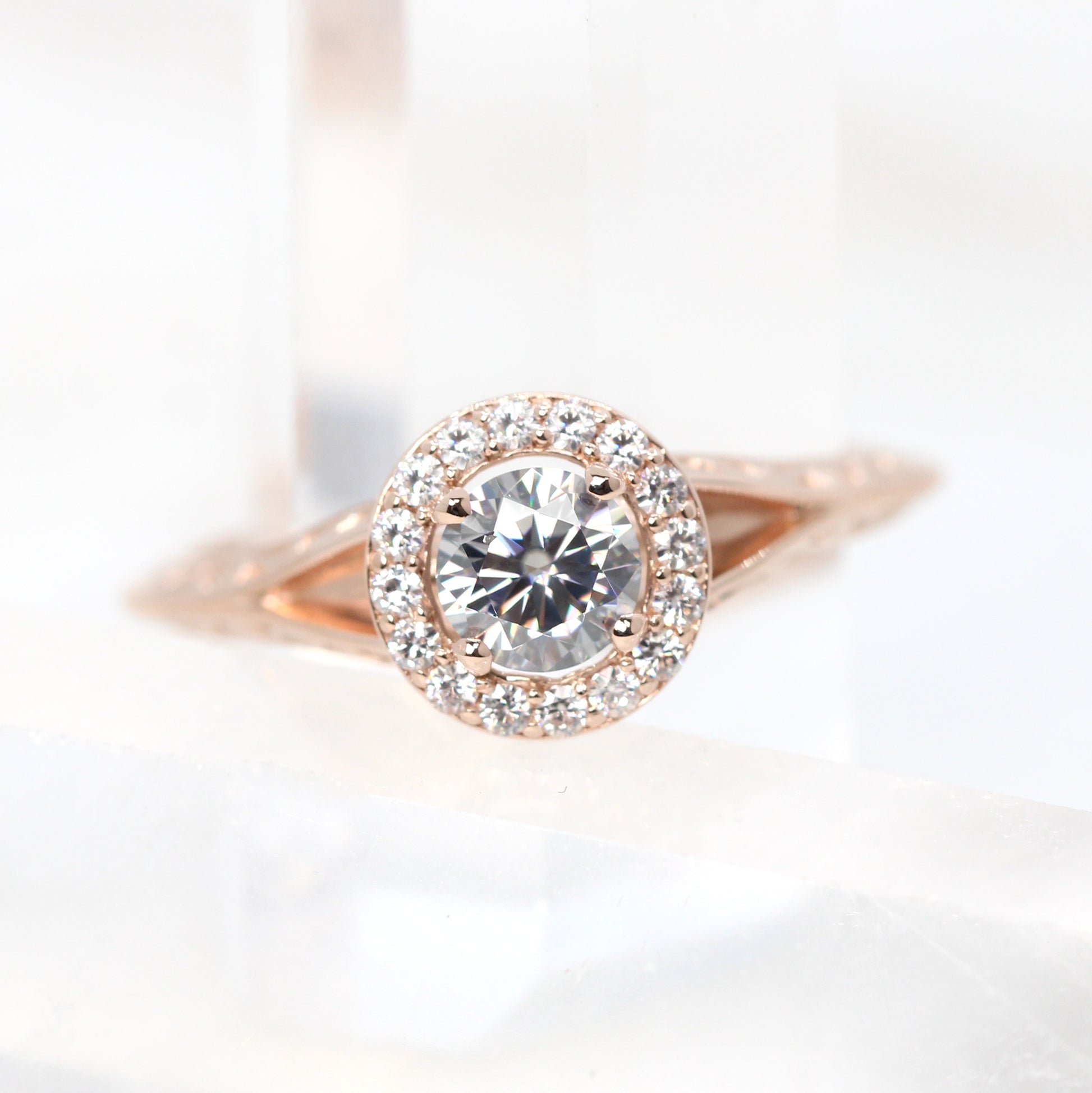 Rosie Ring with a Round Gray Moissanite and Round Accent Moissanites - Made to Order, Choose Your Gold Tone - Midwinter Co. Alternative Bridal Rings and Modern Fine Jewelry