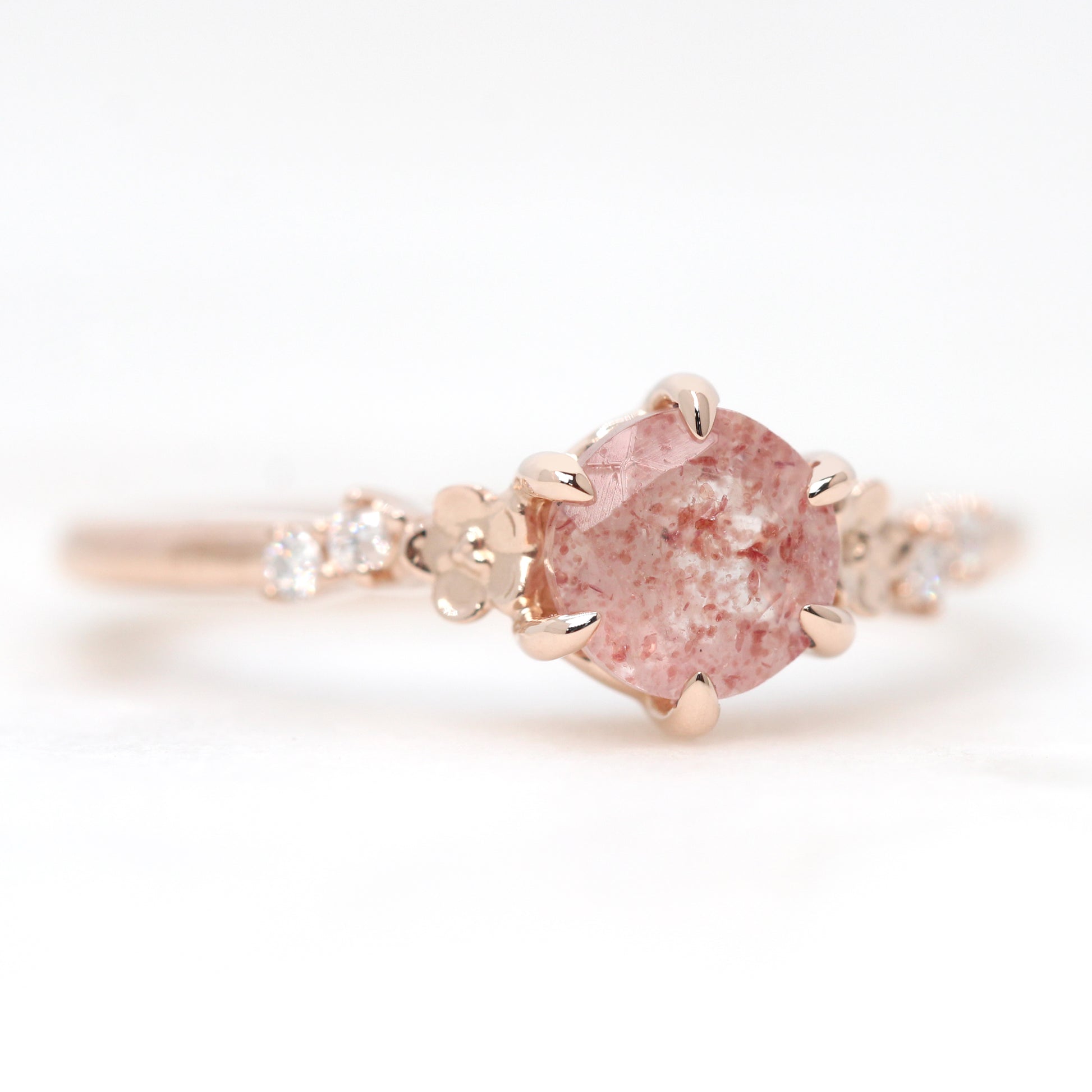 Meadow Ring with a 0.89 Carat Round Strawberry Quartz and White Accent Diamonds in 14k Rose Gold - Ready to Size and Ship - Midwinter Co. Alternative Bridal Rings and Modern Fine Jewelry