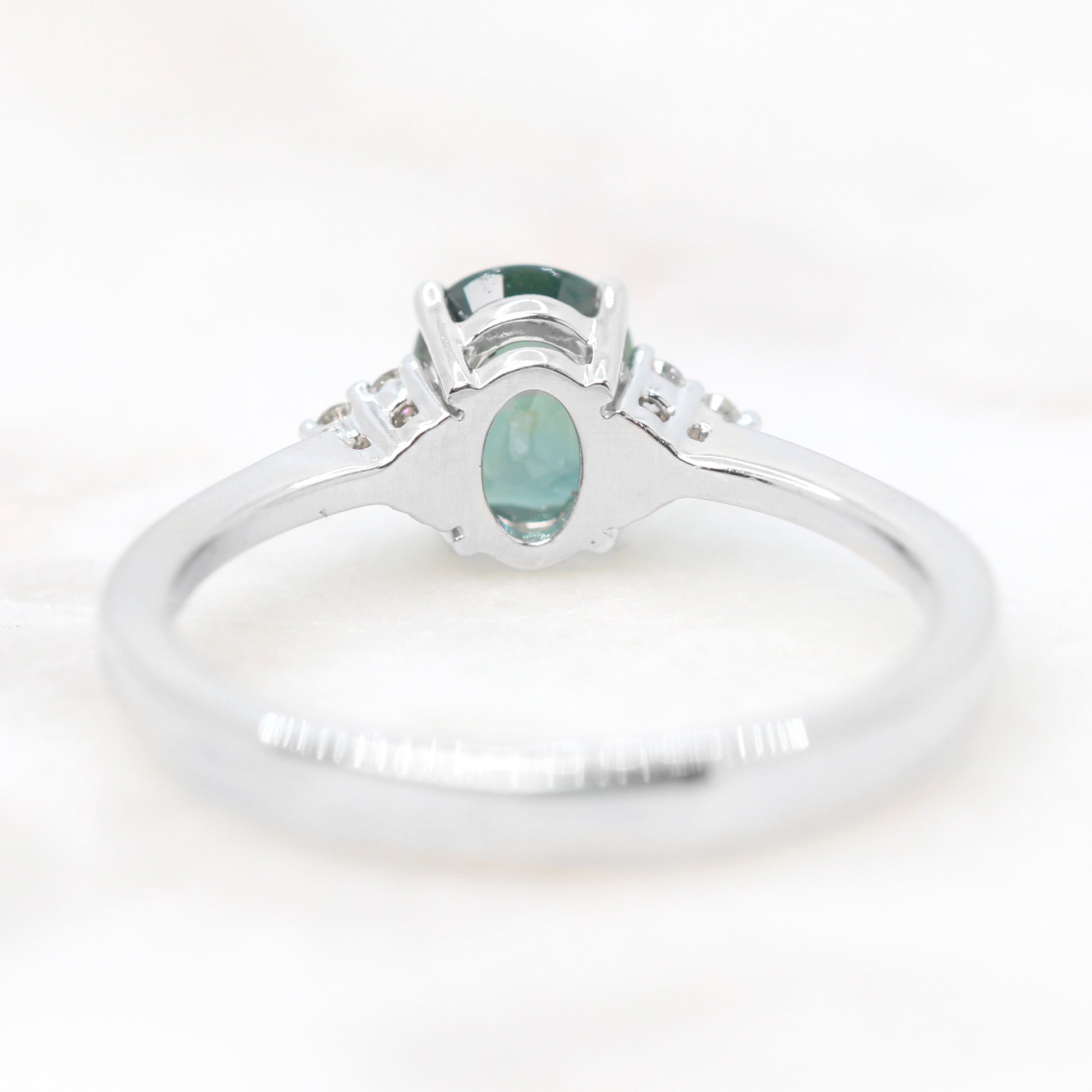 Imogene Ring with a 1.05 Carat Light Teal Oval Sapphire and White Accent Diamonds in 14k White Gold - Ready to Size and Ship - Midwinter Co. Alternative Bridal Rings and Modern Fine Jewelry