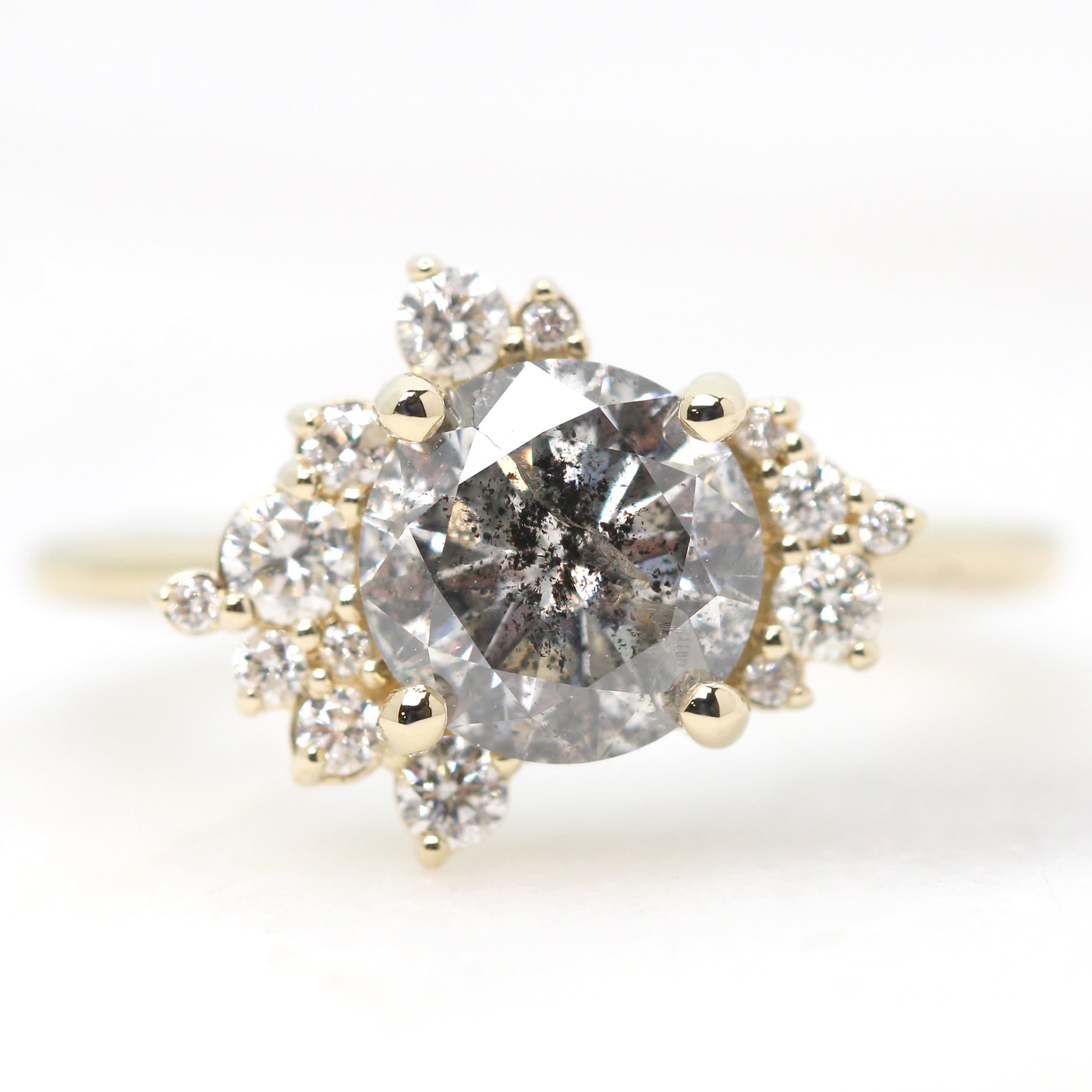 Orion Ring with a 1.61 Carat Round Dark Gray Celestial Diamond and White Accent Diamonds in 14k Yellow Gold - Ready to Size and Ship - Midwinter Co. Alternative Bridal Rings and Modern Fine Jewelry