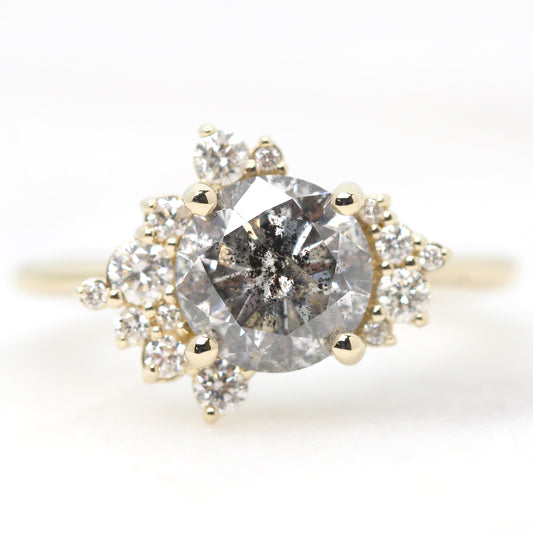 Orion Ring with a 1.61 Carat Round Dark Gray Celestial Diamond and White Accent Diamonds in 14k Yellow Gold - Ready to Size and Ship