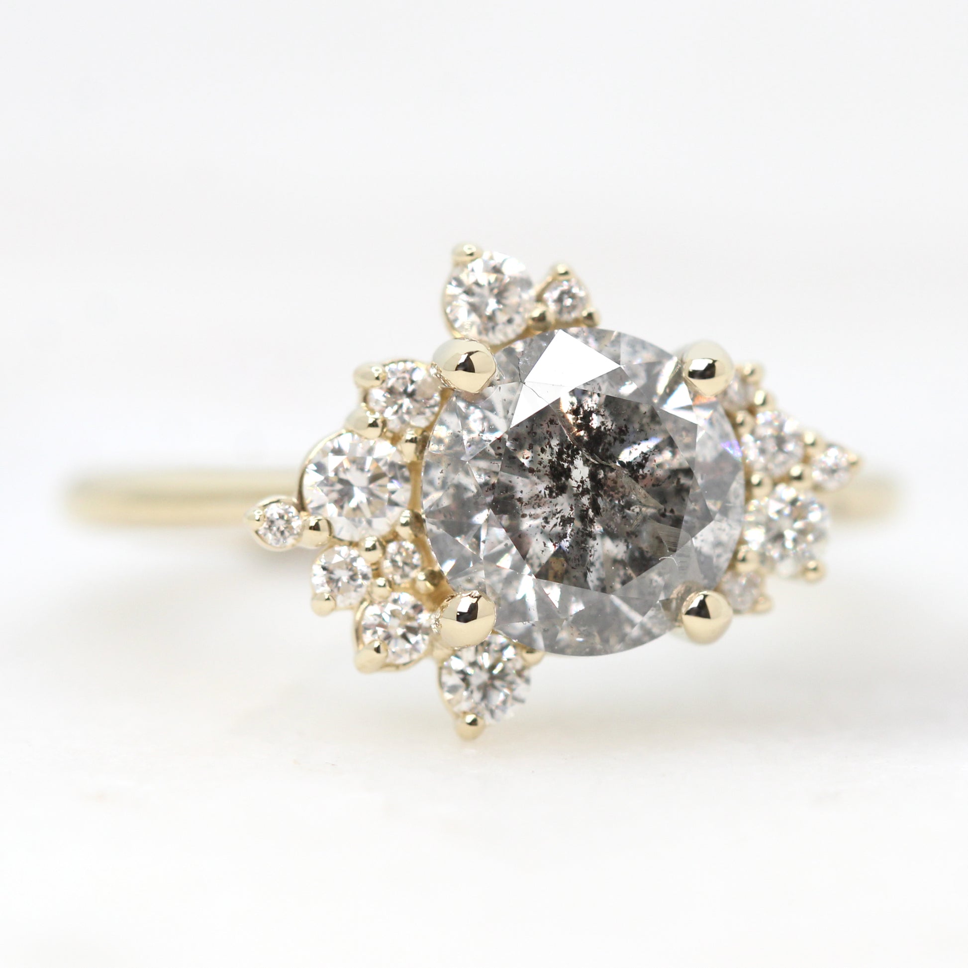 Orion Ring with a 1.61 Carat Round Dark Gray Celestial Diamond and White Accent Diamonds in 14k Yellow Gold - Ready to Size and Ship - Midwinter Co. Alternative Bridal Rings and Modern Fine Jewelry