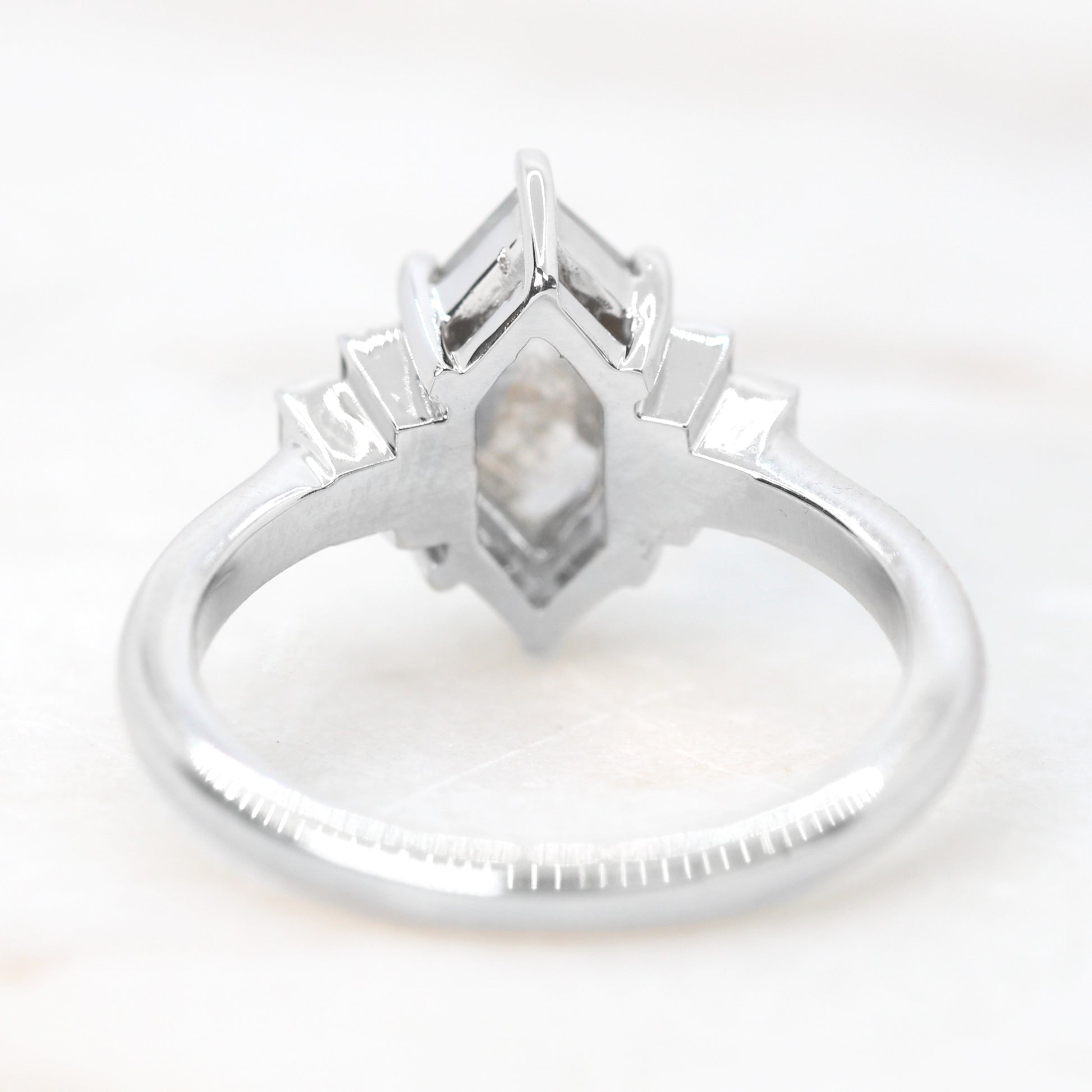 Zan Ring with a 1.57 Carat Light Gray Hexagon Celestial Diamond and White Accent Diamonds in 14k White Gold - Ready to Size and Ship - Midwinter Co. Alternative Bridal Rings and Modern Fine Jewelry
