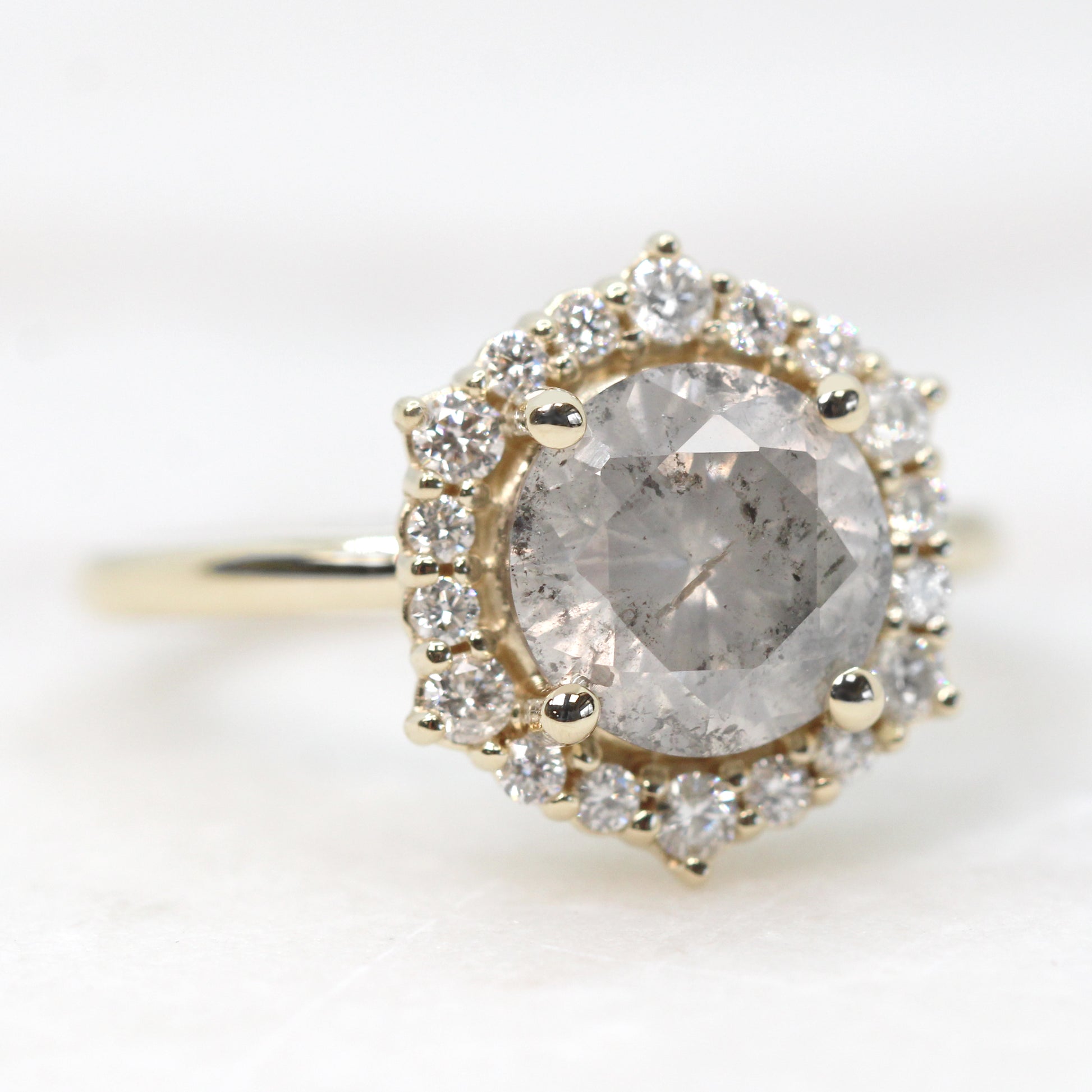 Stella Ring with a 2.44 Carat Round Light Gray Celestial Diamond and White Accent Diamonds in 14k Yellow Gold - Ready to Size and Ship - Midwinter Co. Alternative Bridal Rings and Modern Fine Jewelry
