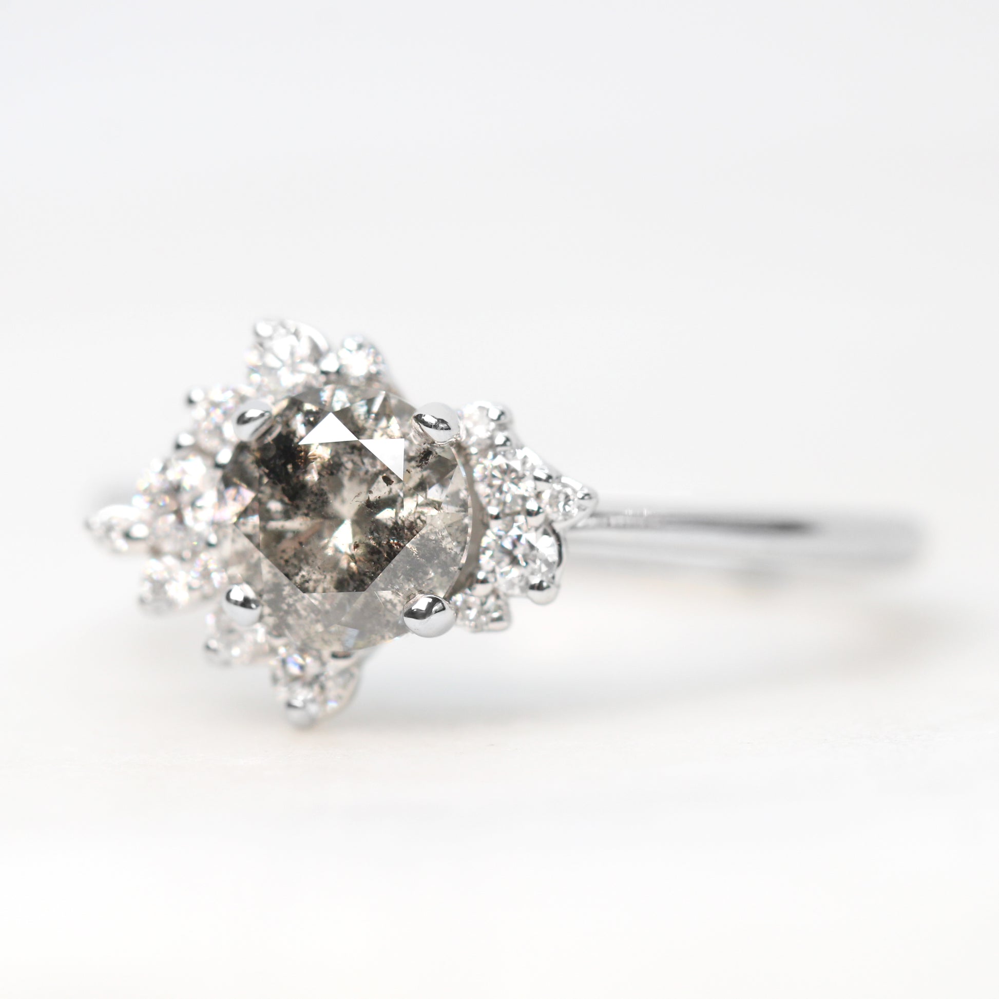Orion Ring with a 1.00 Carat Round Dark Gray Celestial Diamond and White Accent Diamonds in 14k White Gold - Ready to Size and Ship - Midwinter Co. Alternative Bridal Rings and Modern Fine Jewelry