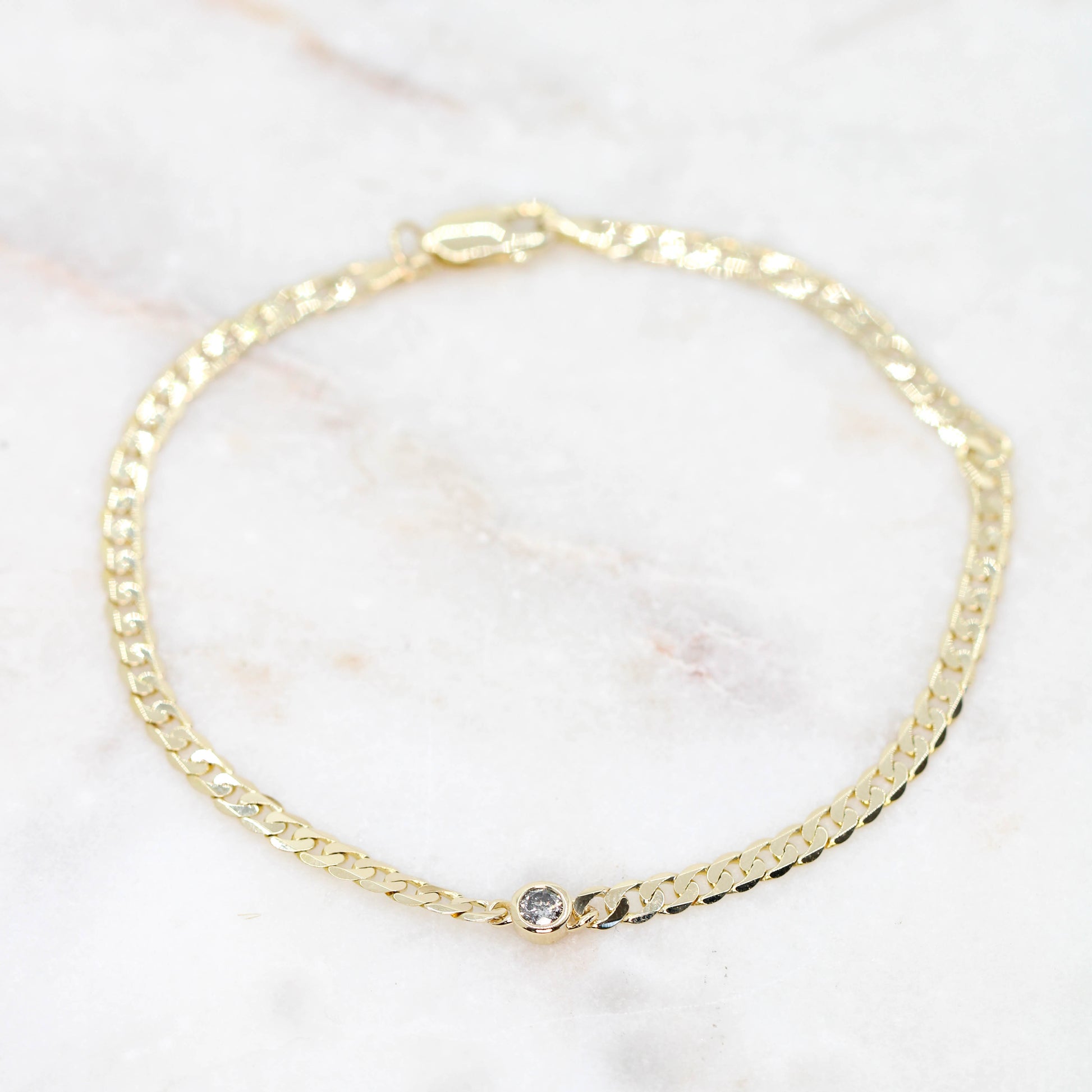 Solitaire Gray Celestial Diamond Bezel Set Curb Chain Bracelet - Made to Order, Your Choice of 14k Gold - Midwinter Co. Alternative Bridal Rings and Modern Fine Jewelry