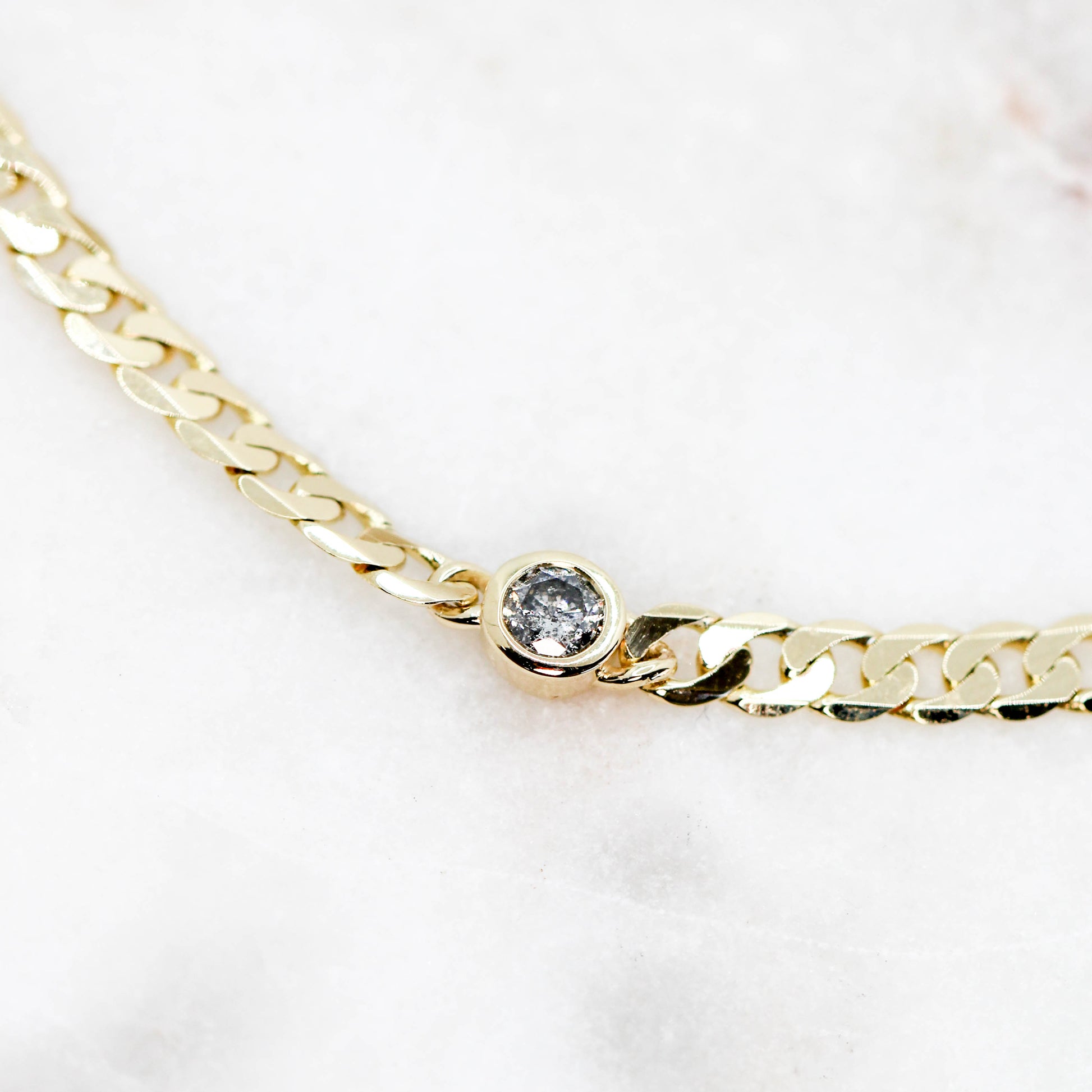Solitaire Gray Celestial Diamond Bezel Set Curb Chain Bracelet - Made to Order, Your Choice of 14k Gold - Midwinter Co. Alternative Bridal Rings and Modern Fine Jewelry