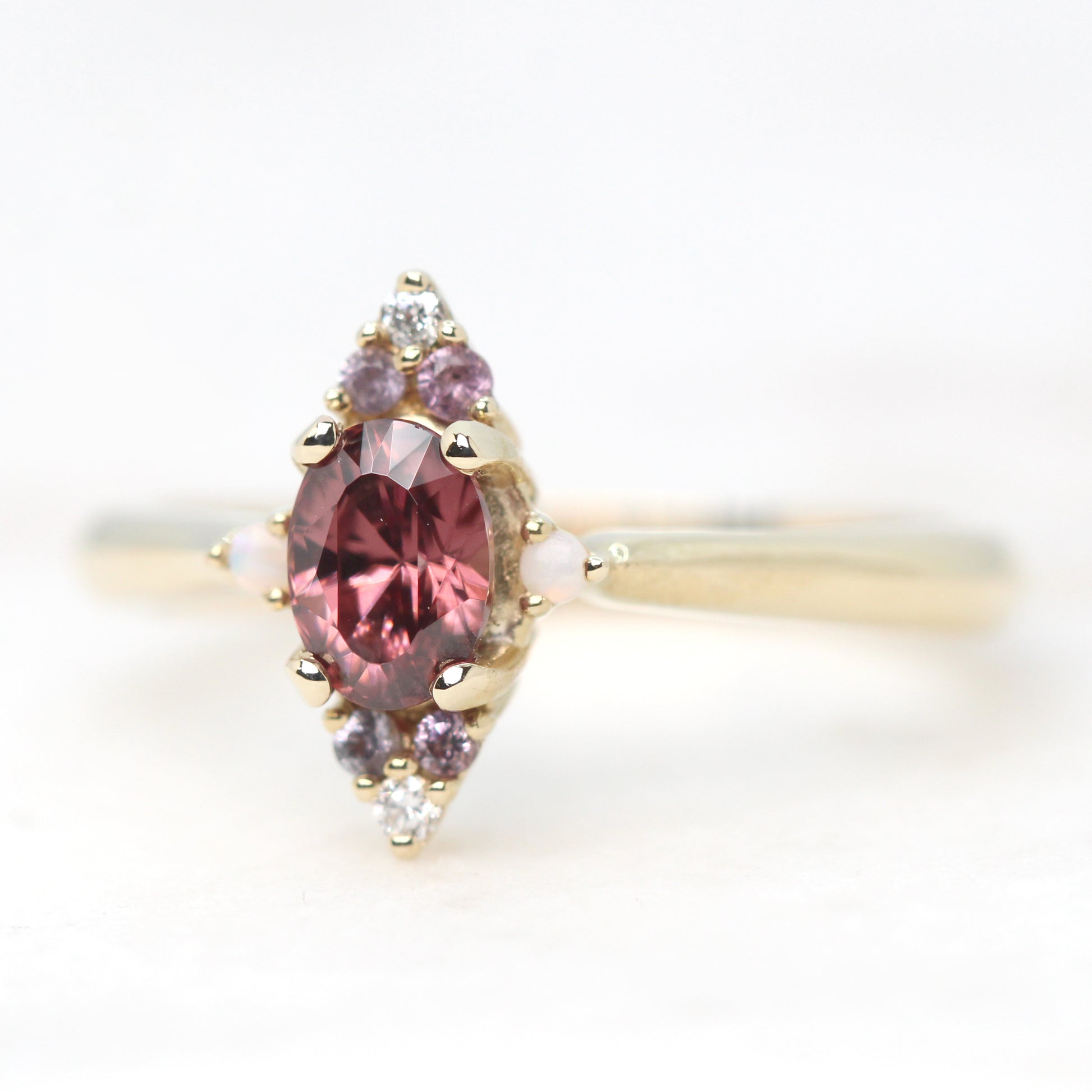 Emery Ring with a 0.98 Carat Oval Zircon and White Diamond, Purple Sapphire & Opal Accents in 14k Yellow Gold - Ready to Size and Ship - Midwinter Co. Alternative Bridal Rings and Modern Fine Jewelry