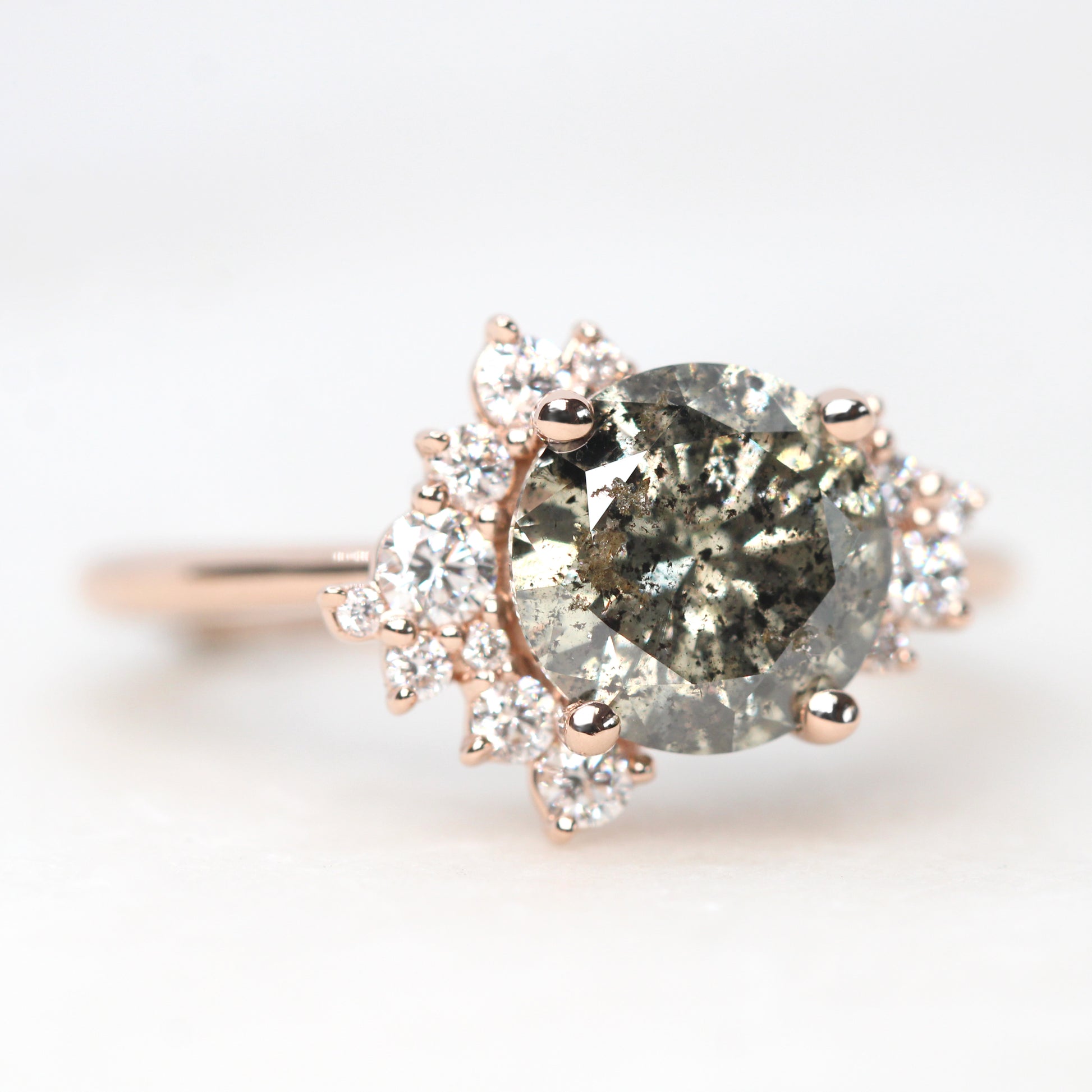 Orion Ring with a 2.08 Carat Round Dark Champagne Salt and Pepper Diamond and White Accent Diamonds in 14k Rose Gold - Ready to Size and Ship - Midwinter Co. Alternative Bridal Rings and Modern Fine Jewelry