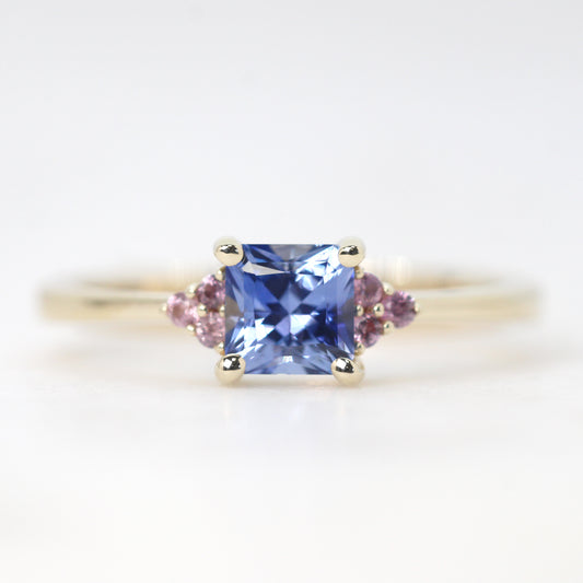 Imogene Ring with a 0.78 Carat Cornflower Blue Radiant Cut Sapphire and Berry Sapphire Accents in 14k Yellow Gold - Ready to Size and Ship - Midwinter Co. Alternative Bridal Rings and Modern Fine Jewelry