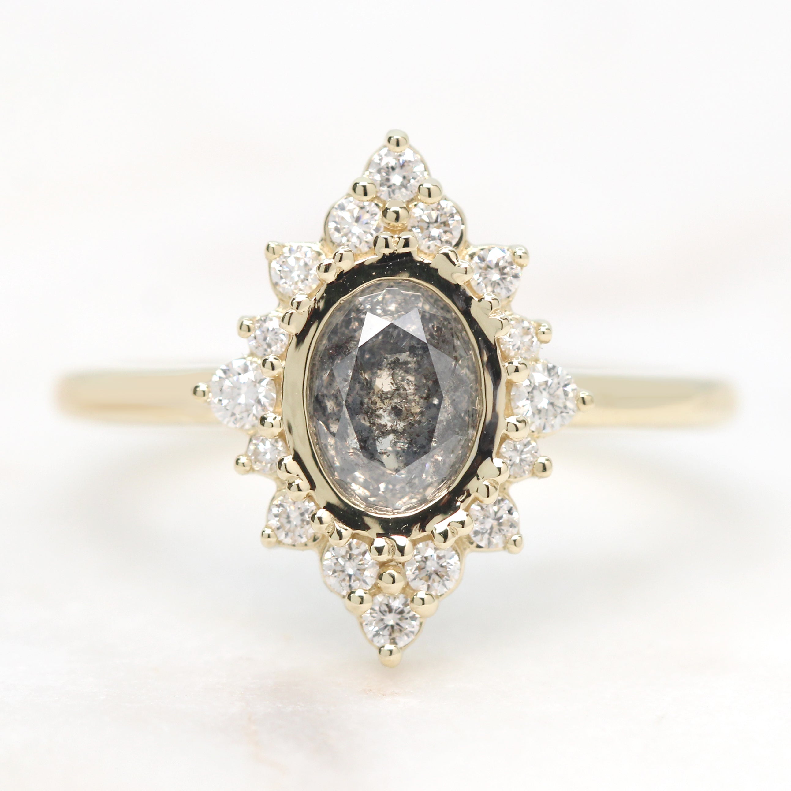 Estrella Ring with a 1.04 Carat Dark Gray Oval Celestial Diamond and White Accent Diamonds in 14k Yellow Gold - Ready to Size and Ship - Midwinter Co. Alternative Bridal Rings and Modern Fine Jewelry
