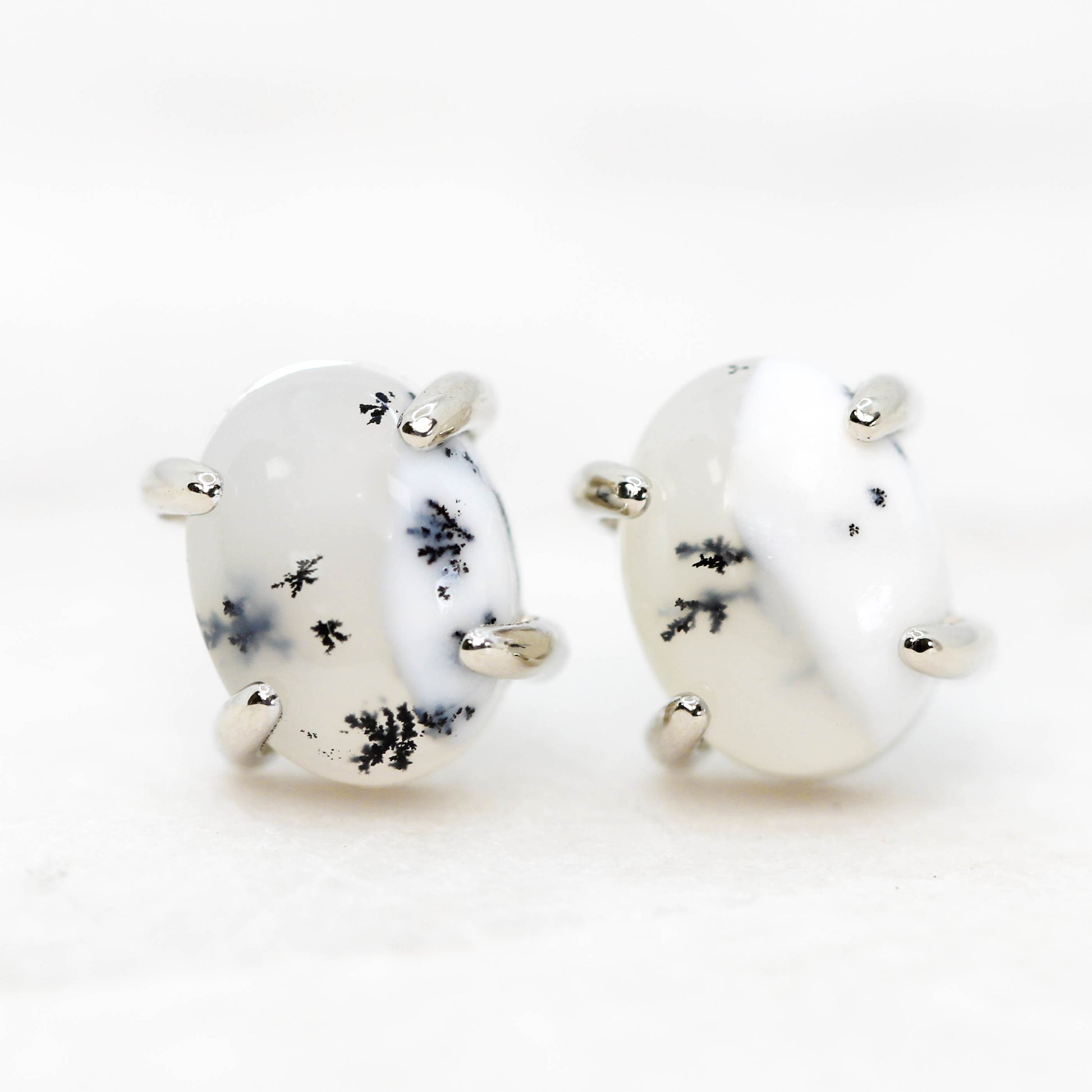Oval White Dendritic Opal Earrings - Your Choice of 14k Gold - Midwinter Co. Alternative Bridal Rings and Modern Fine Jewelry