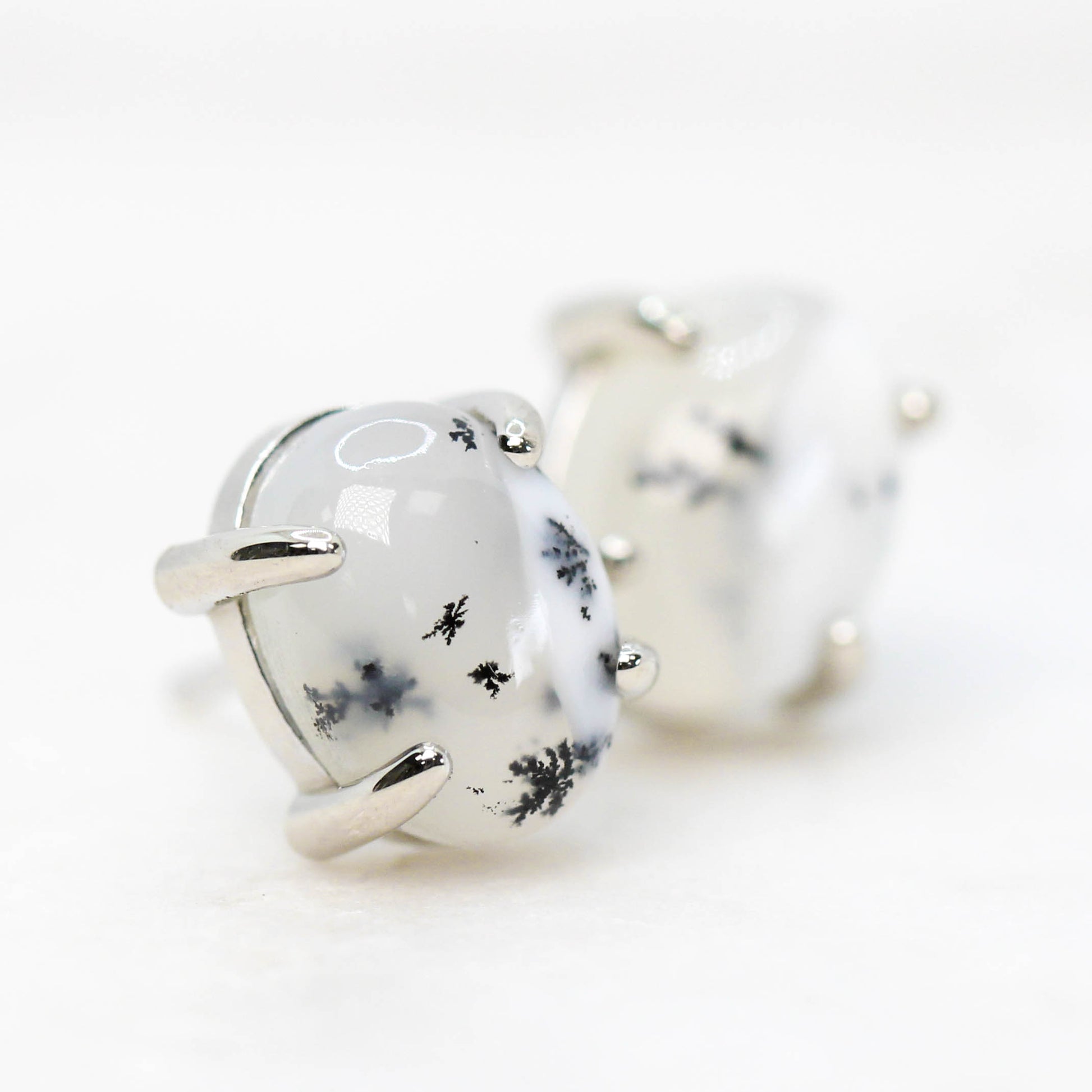 Oval White Dendritic Opal Earrings - Your Choice of 14k Gold - Midwinter Co. Alternative Bridal Rings and Modern Fine Jewelry