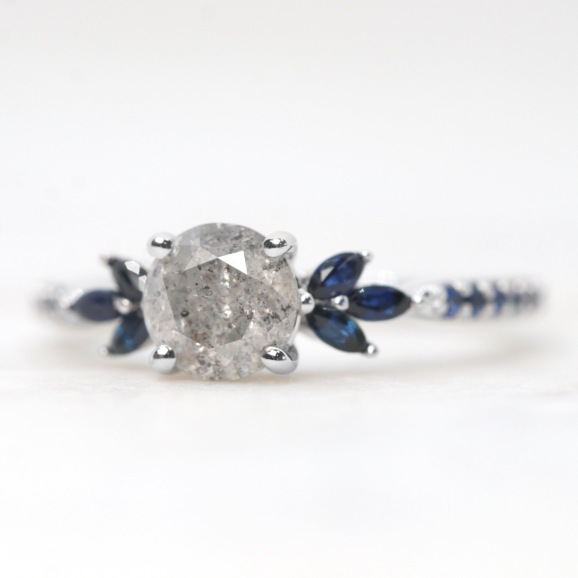 Betty Ring with a 1.11 Carat Round Light Gray Celestial Diamond and Blue Accent Sapphires in 14k White Gold - Ready to Size and Ship - Midwinter Co. Alternative Bridal Rings and Modern Fine Jewelry