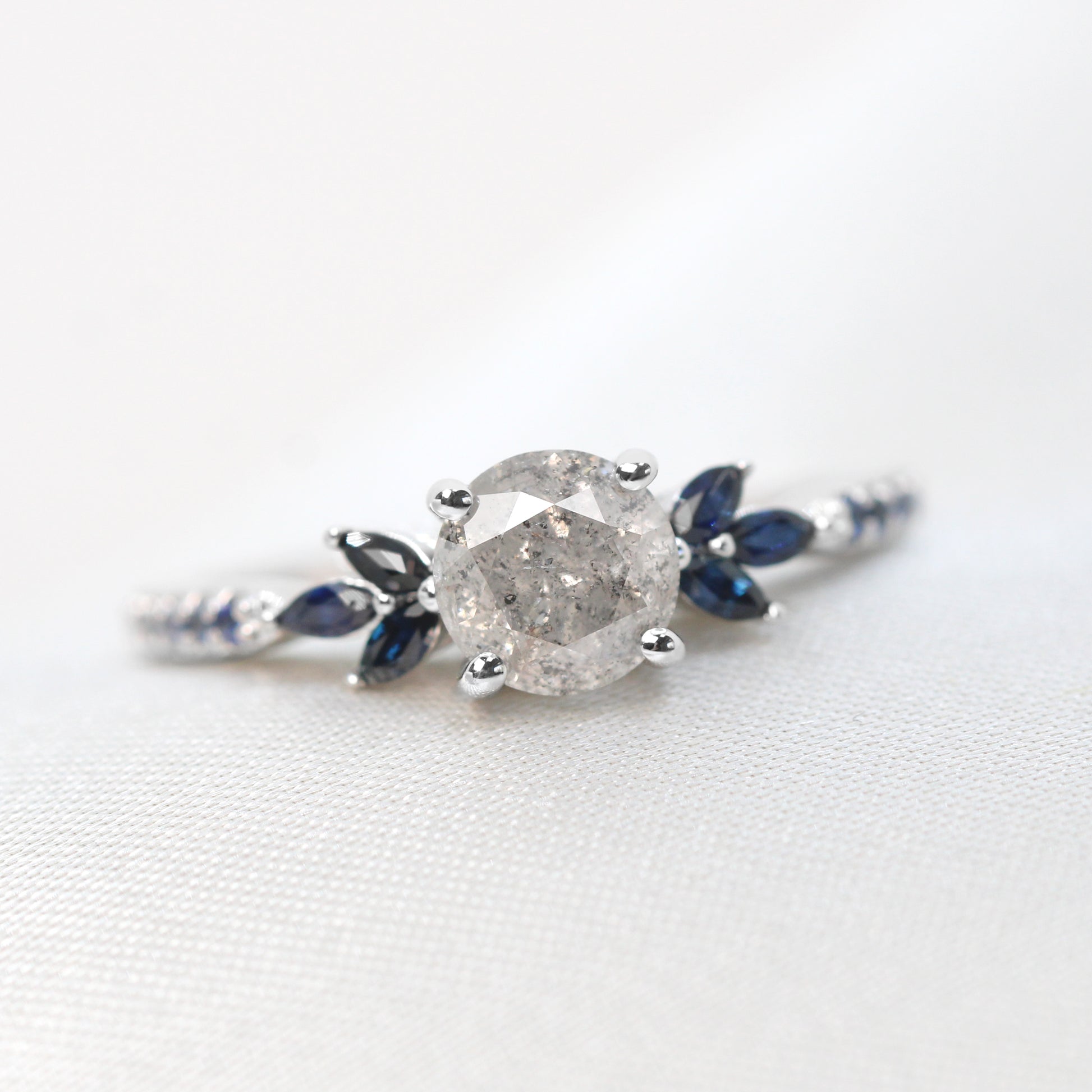 Betty Ring with a 1.11 Carat Round Light Gray Celestial Diamond and Blue Accent Sapphires in 14k White Gold - Ready to Size and Ship - Midwinter Co. Alternative Bridal Rings and Modern Fine Jewelry