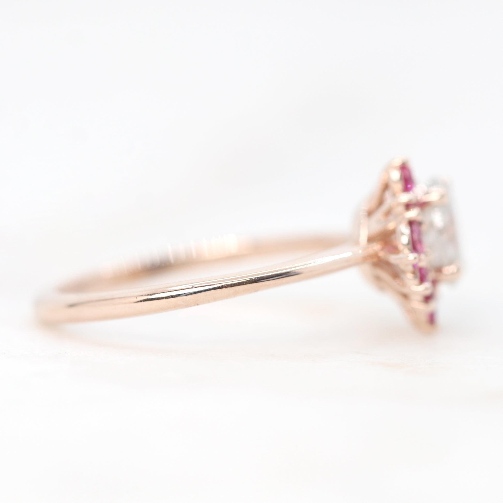 Orion Ring with a 1.02 Carat Round White Celestial Diamond and Pink Sapphire Accents in 14k Rose Gold - Ready to Size and Ship - Midwinter Co. Alternative Bridal Rings and Modern Fine Jewelry