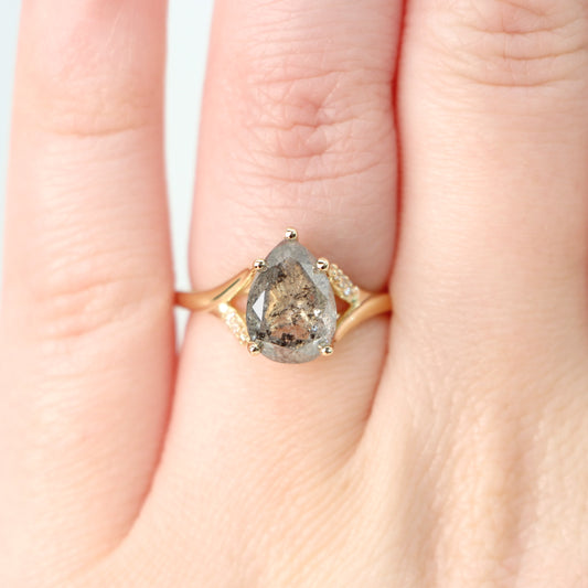 Kennedy Ring with a 2.70 Carat Clear Gray Pear Celestial Diamond and White Accent Diamonds in 14k Yellow Gold - Ready to Size and Ship - Midwinter Co. Alternative Bridal Rings and Modern Fine Jewelry