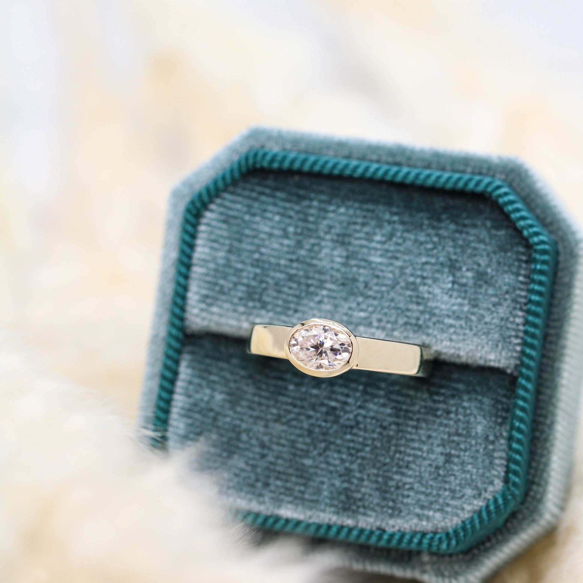 *NEED TO PHOTO BRUSHED* Mabel Ring with a 0.84 Carat Oval Moissanite - Made to Order, Choose Your Gold Tone - Midwinter Co. Alternative Bridal Rings and Modern Fine Jewelry