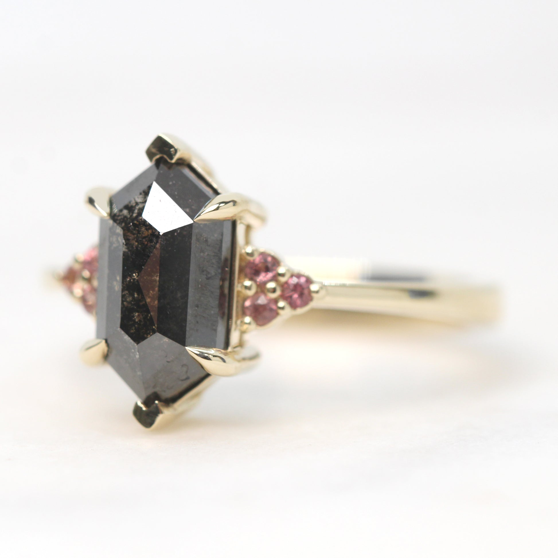 Imogene Ring with a 2.21 Carat Black Hexagon Celestial Diamond and Berry Sapphire Accents in 14k Yellow Gold - Ready to Size and Ship - Midwinter Co. Alternative Bridal Rings and Modern Fine Jewelry
