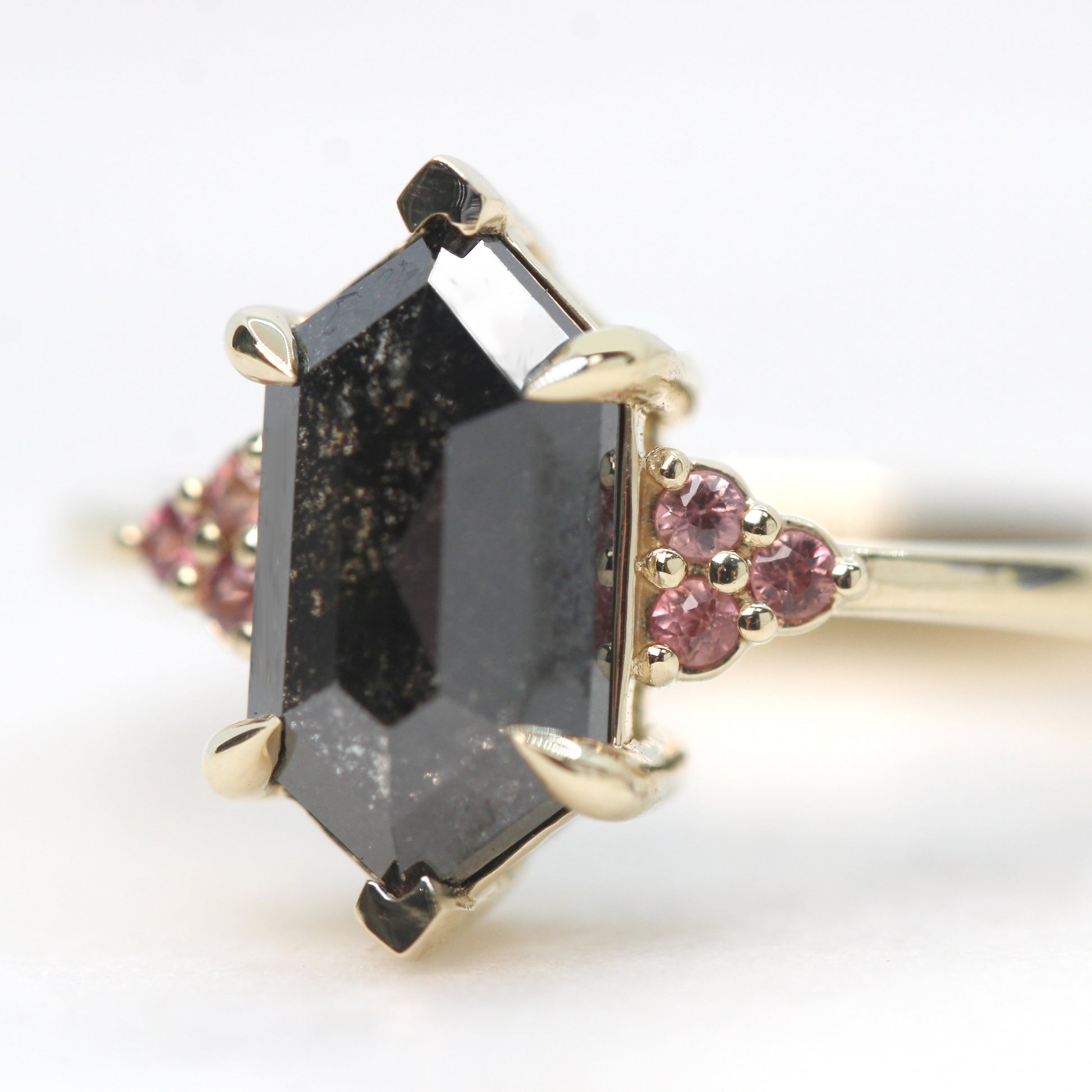 Imogene Ring with a 2.21 Carat Black Hexagon Celestial Diamond and Berry Sapphire Accents in 14k Yellow Gold - Ready to Size and Ship - Midwinter Co. Alternative Bridal Rings and Modern Fine Jewelry