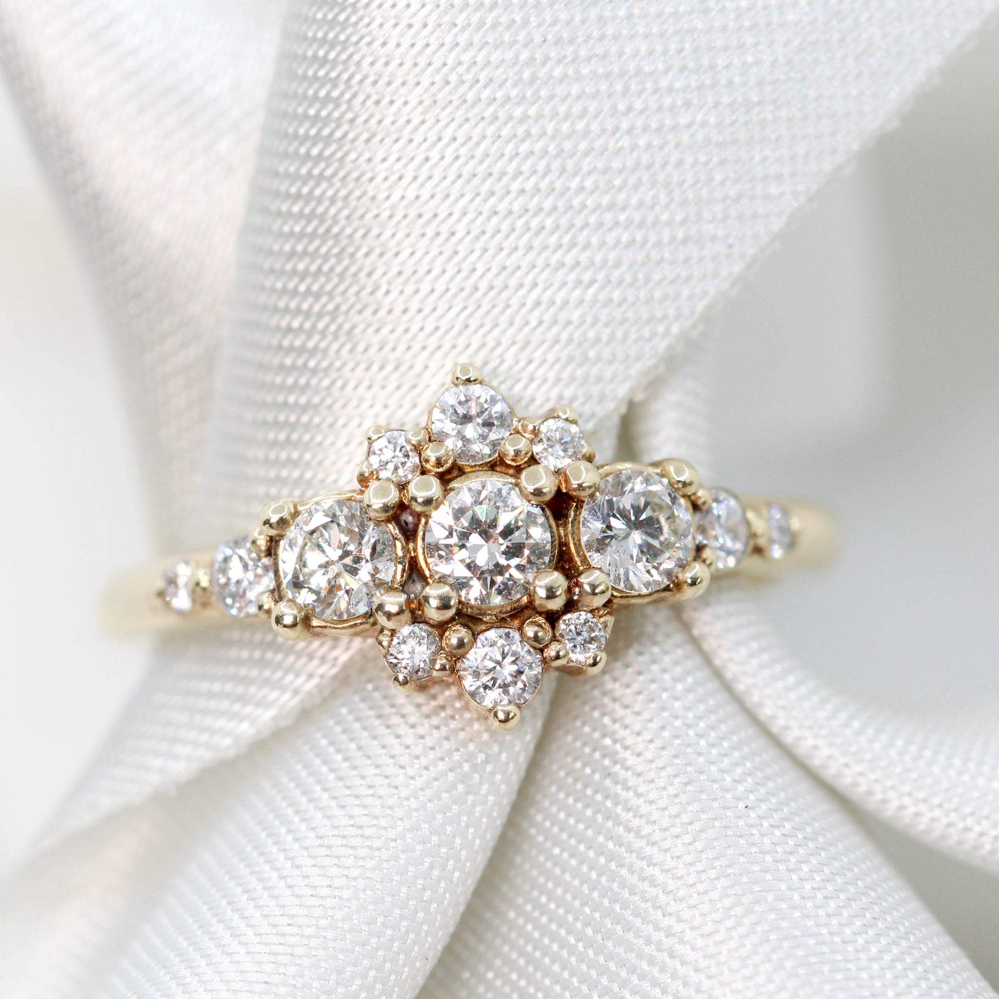 Victoria Ring with Three Round White Diamonds and White Accent Diamonds in 14k Yellow Gold - Ready to Size and Ship - Midwinter Co. Alternative Bridal Rings and Modern Fine Jewelry
