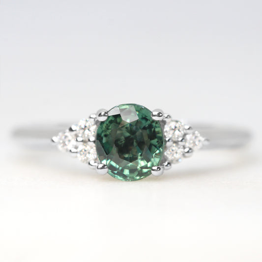 Aster Ring with a 1.03 Carat Teal Green Oval Montana Sapphire and White Canadian Diamond Accents in 14k White Gold - Ready to Size and Ship - Midwinter Co. Alternative Bridal Rings and Modern Fine Jewelry