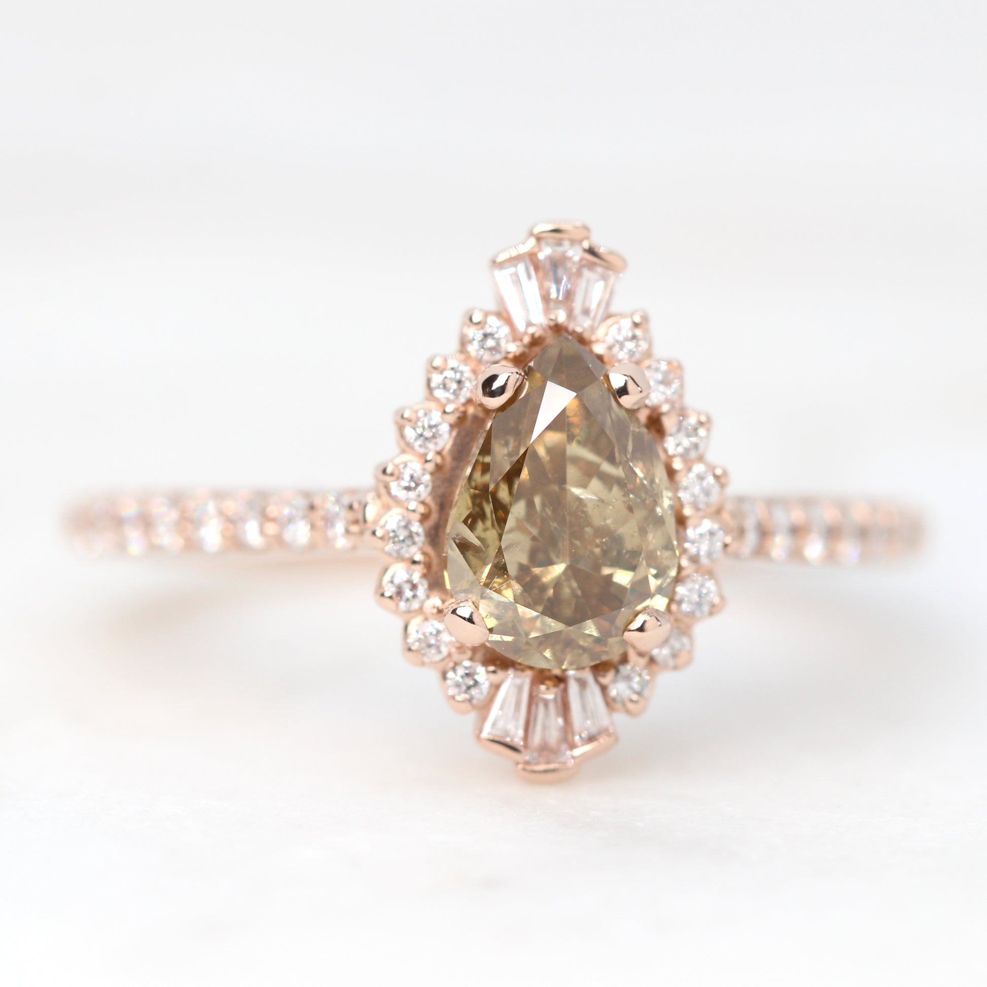 Tinsley Ring with a 1.01 Carat Pear Champagne Salt and Pepper Diamond and White Accent Diamonds in 14k Rose Gold - Ready to Size and Ship - Midwinter Co. Alternative Bridal Rings and Modern Fine Jewelry